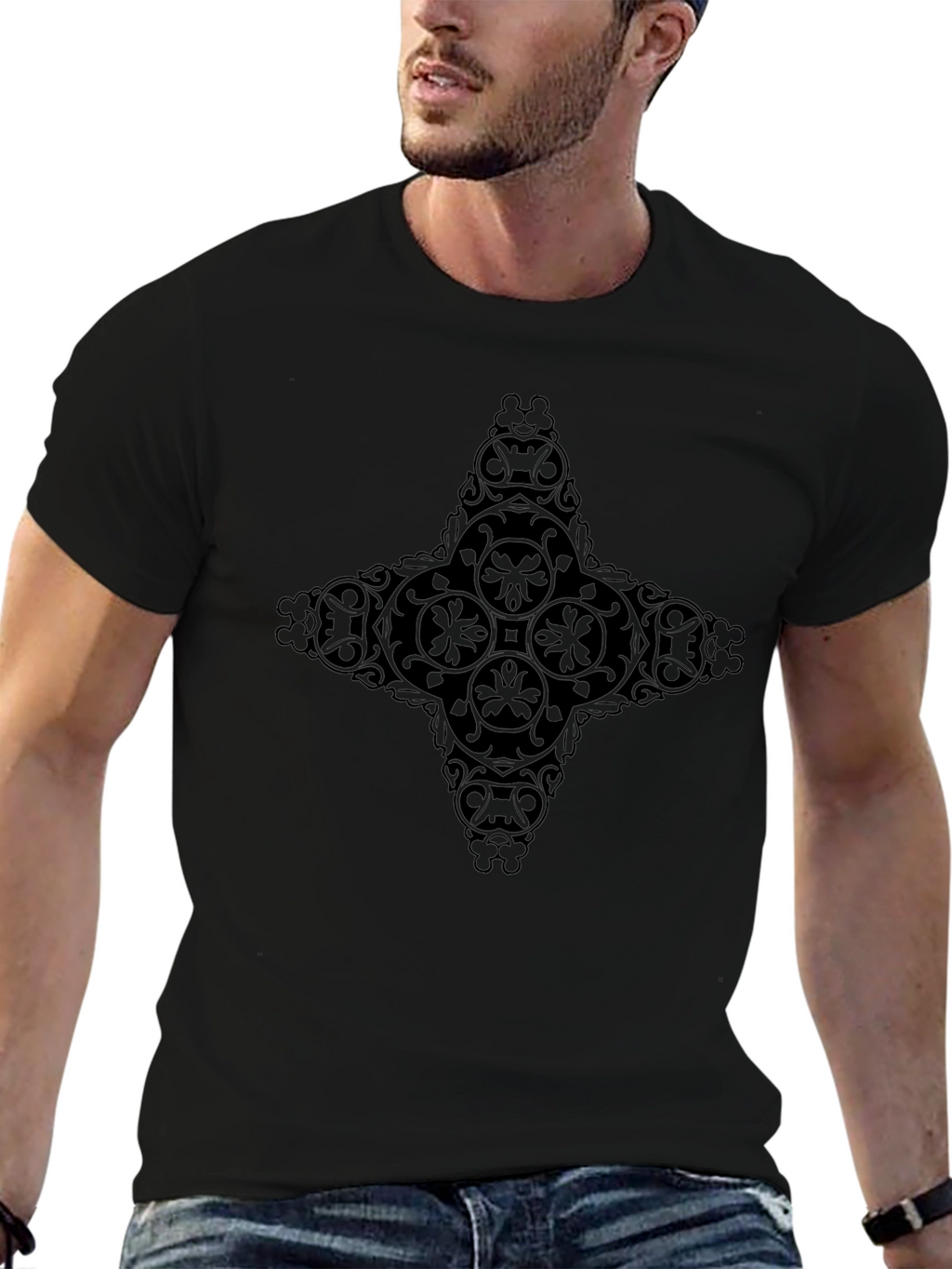 Mens Black Graphic Tee - Ornate Cross Design