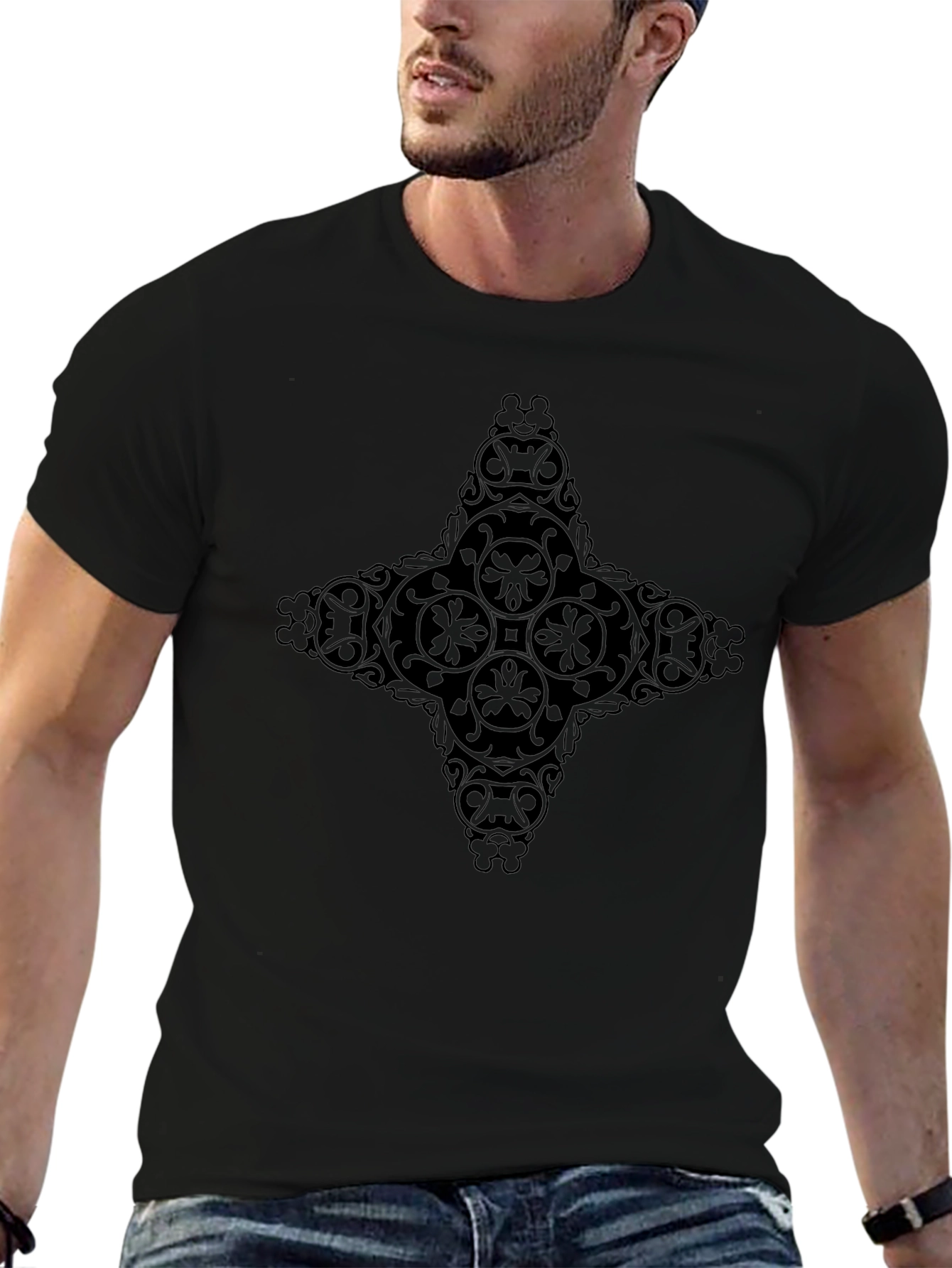 Mens Black Graphic Tee - Ornate Cross Design