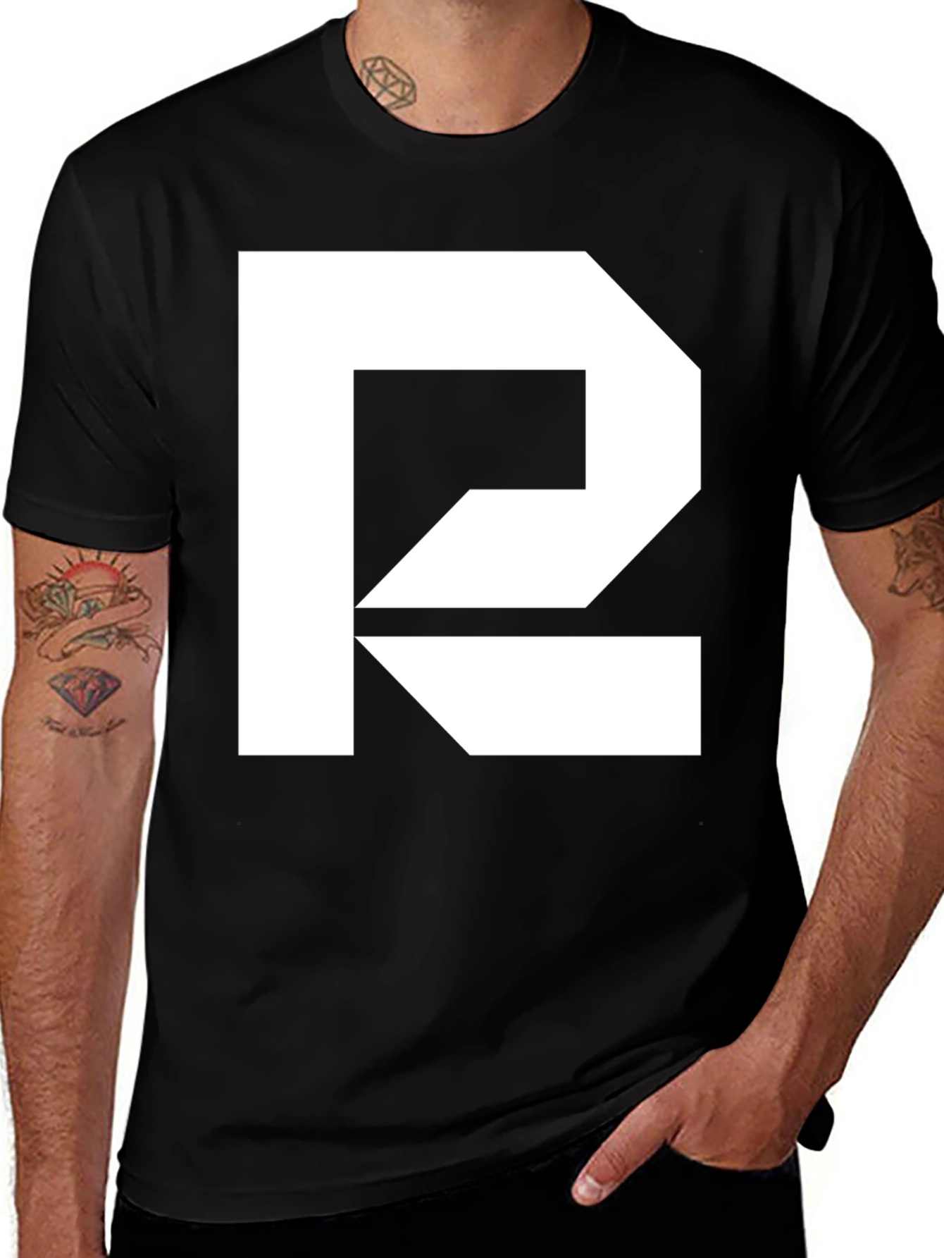 Modern Graphic Tee - Black Shirt with White Abstract R Design