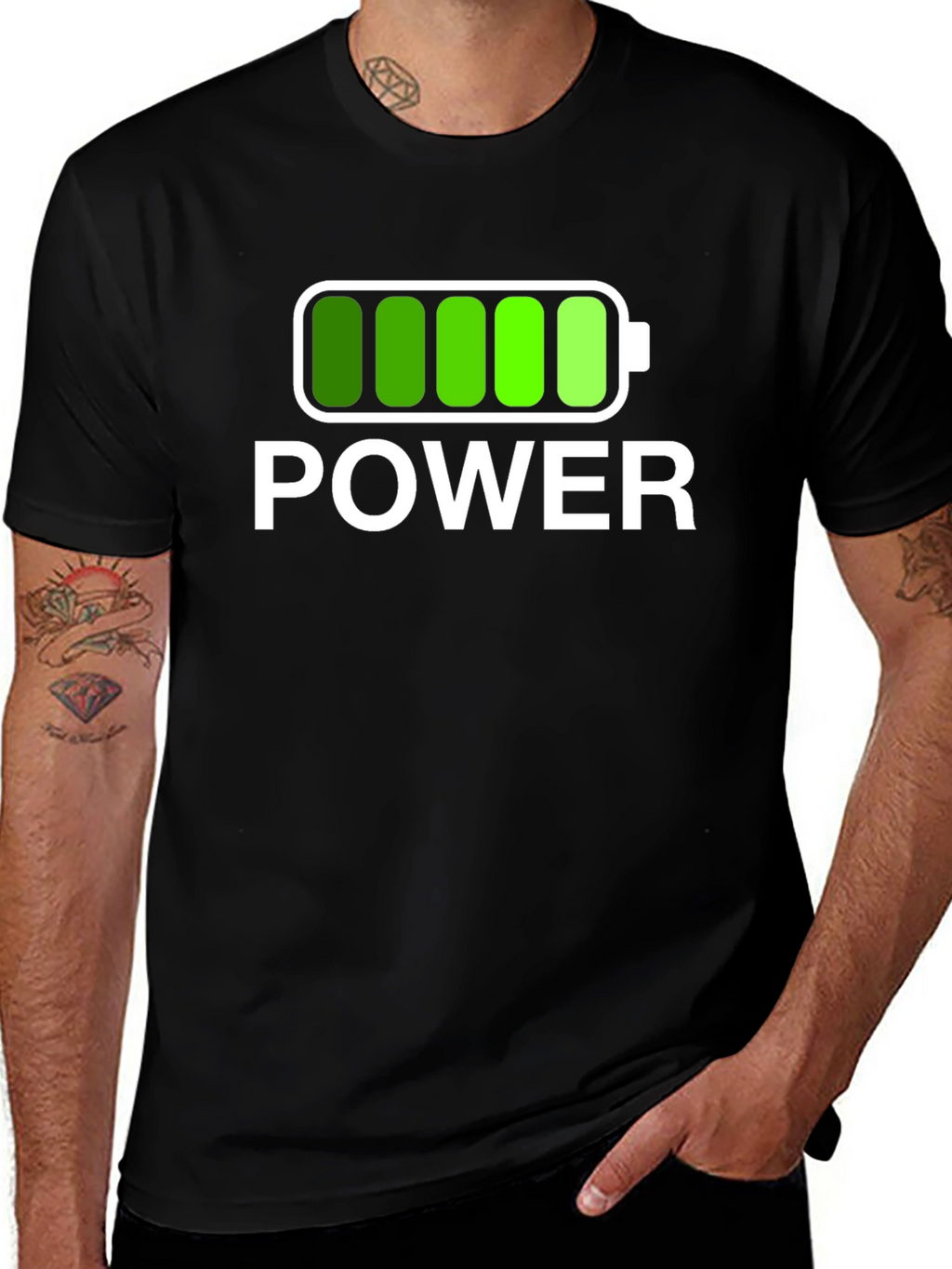 Power Graphic Black T-Shirt Full Battery Charged Design