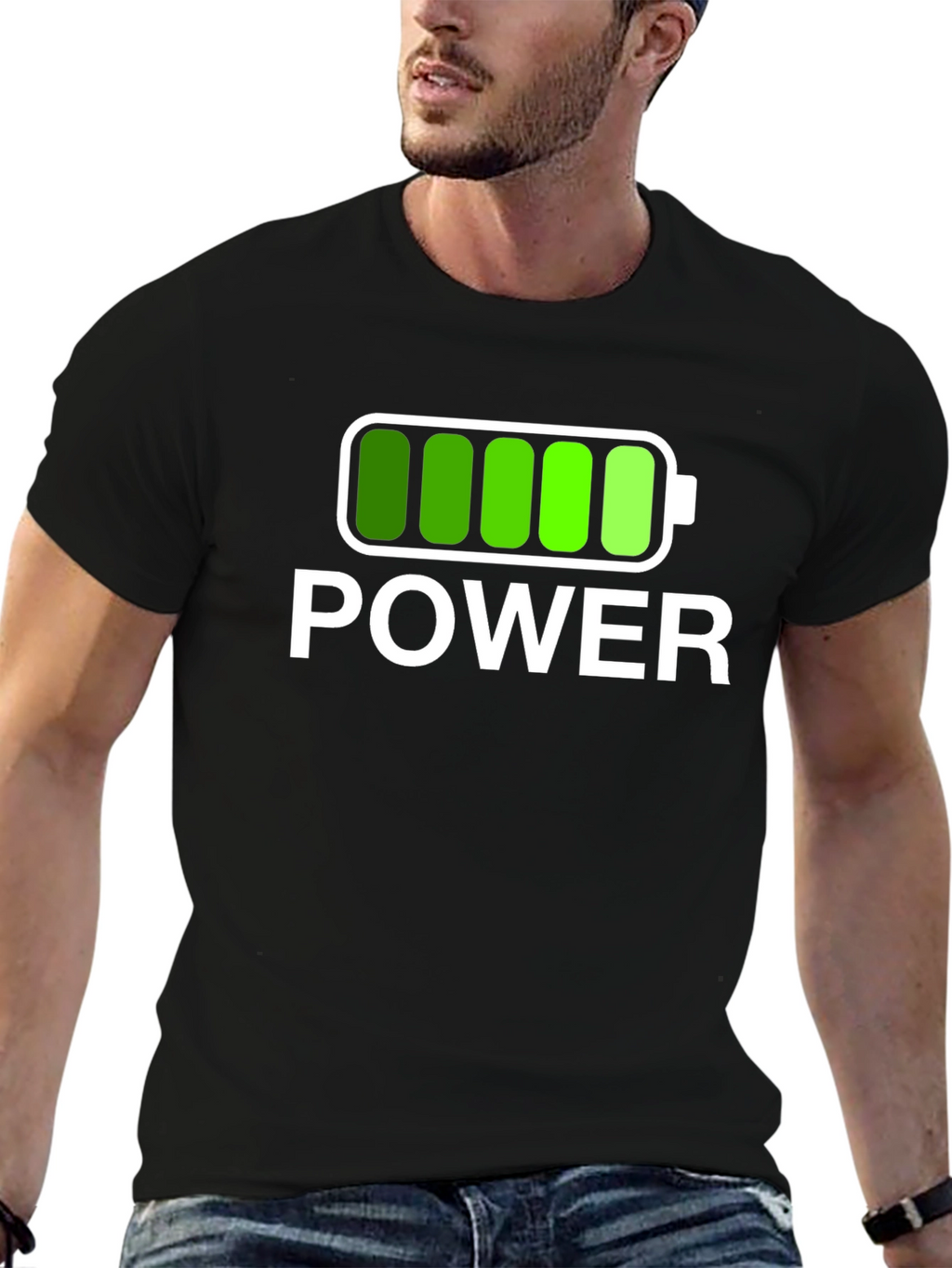 Power Graphic Black T-Shirt Full Battery Charged Design