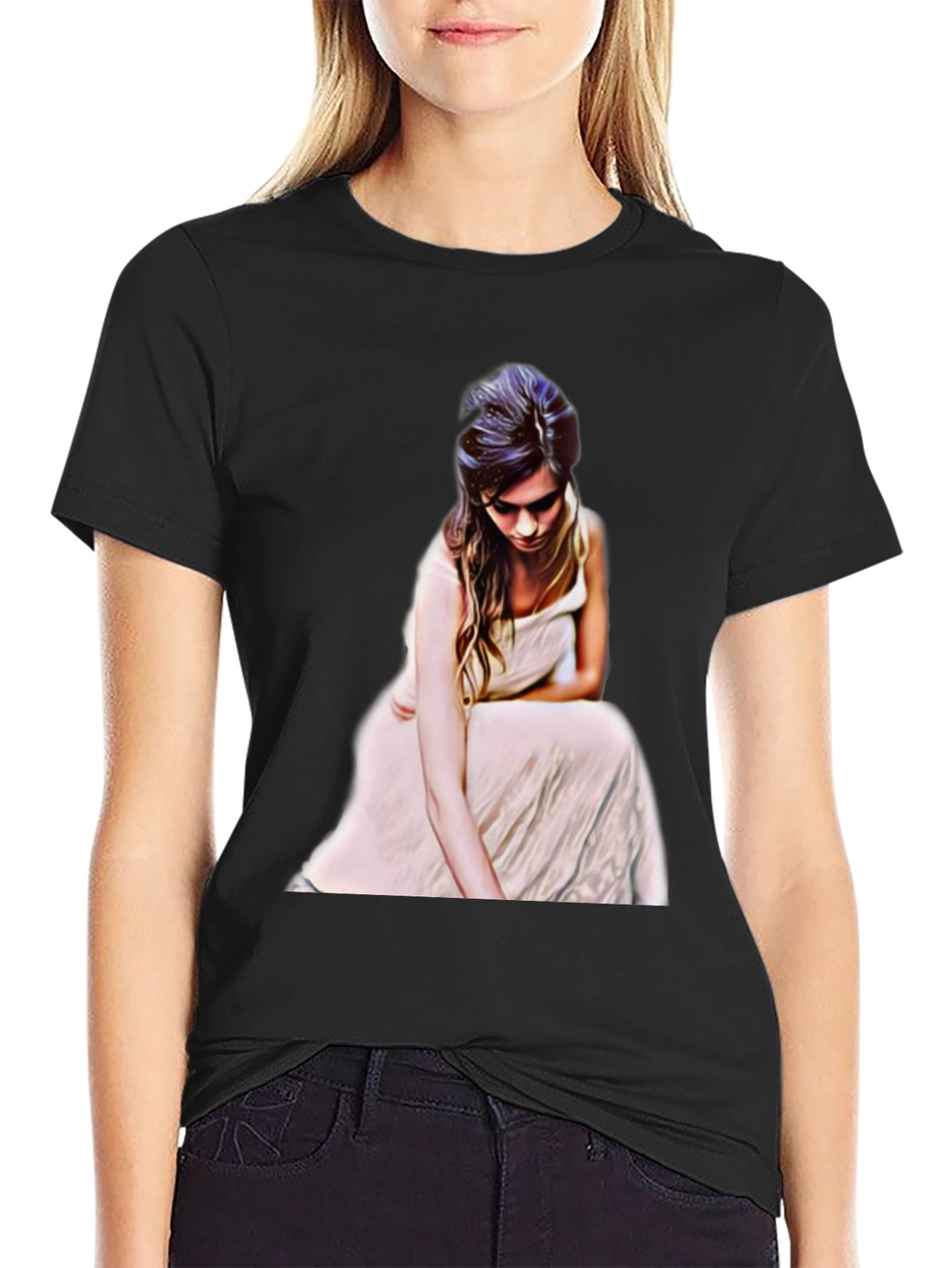 Woman in White Dress Graphic Tee - Black