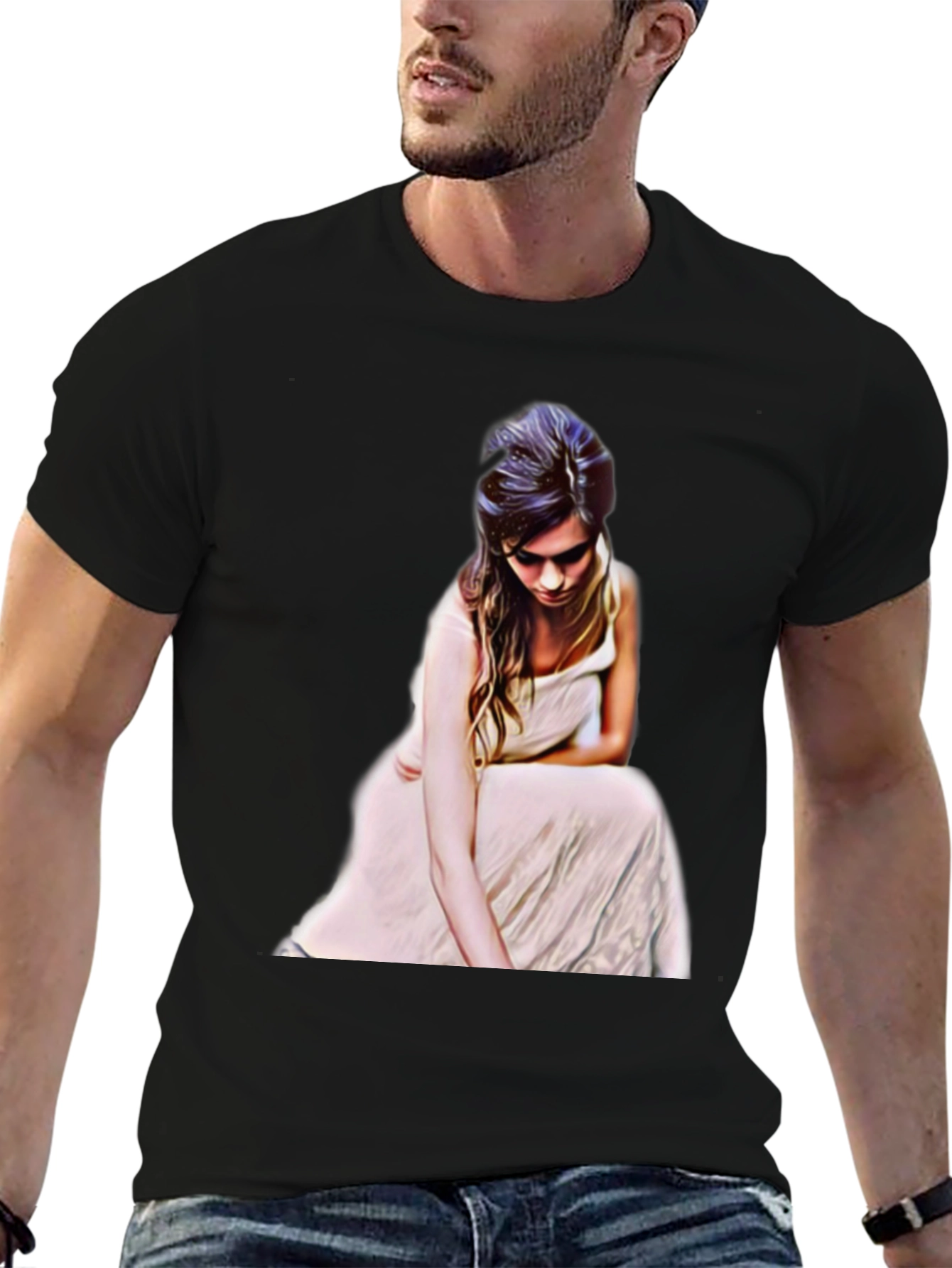 Woman in White Dress Graphic Tee - Black
