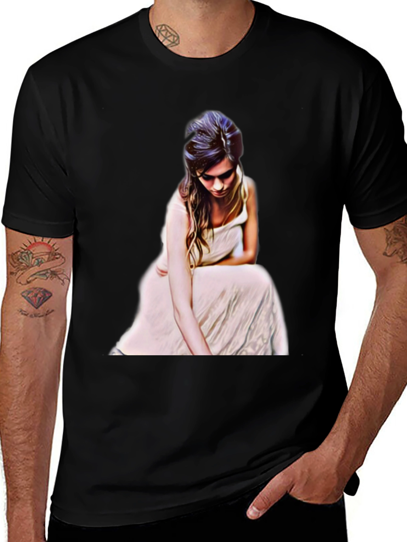 Woman in White Dress Graphic Tee - Black