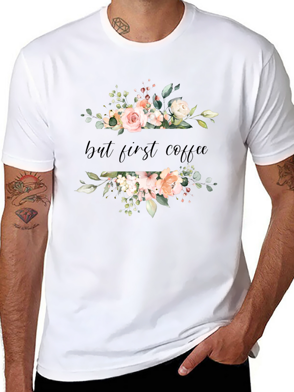 Floral But First Coffee Black T-Shirt