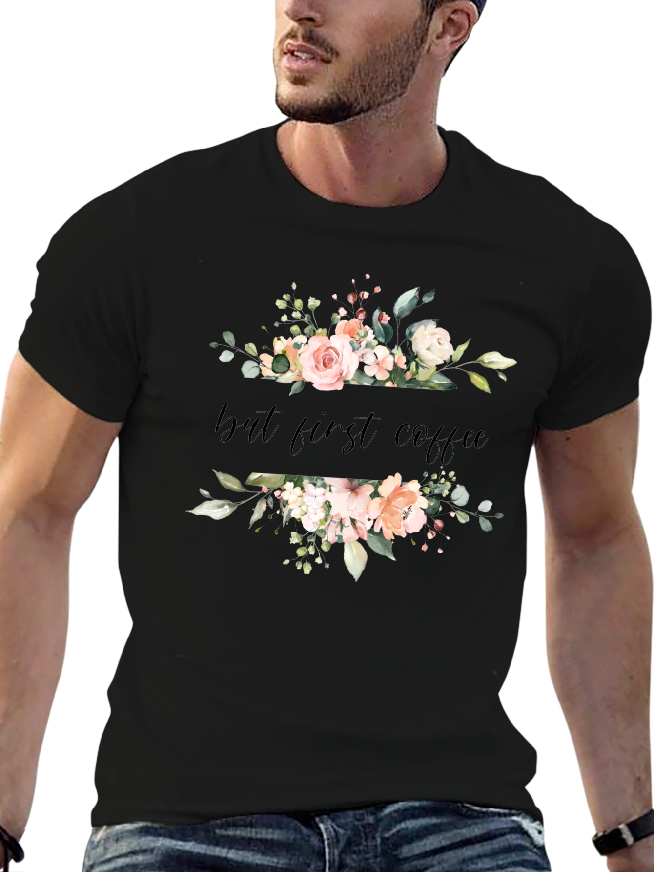 Floral But First Coffee Black T-Shirt