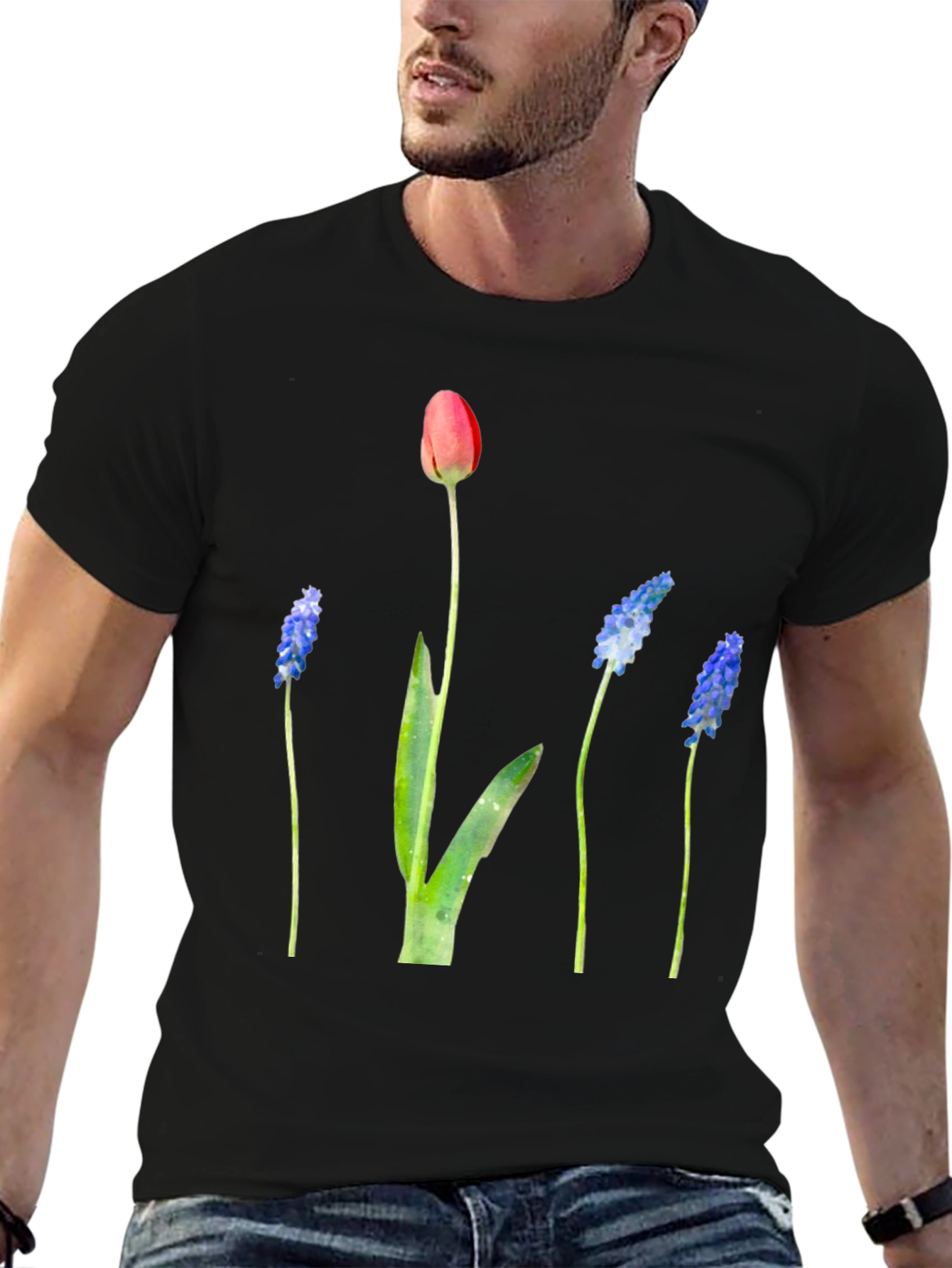 Floral Print Black T-Shirt - Stylish Botanical Design