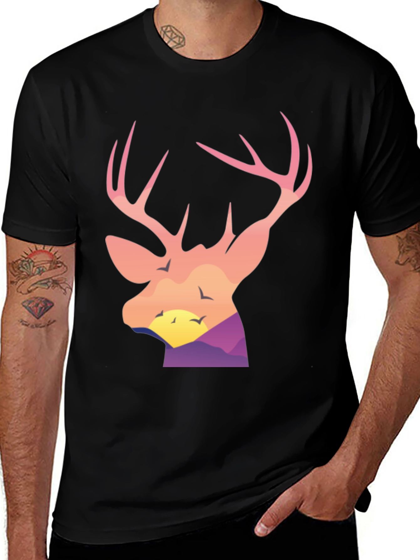 Deer Head Sunset Graphic Tee - Black Cotton Blend Shirt