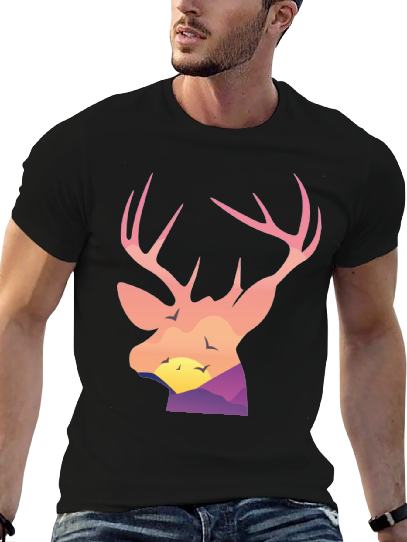 Deer Head Sunset Graphic Tee - Black Cotton Blend Shirt