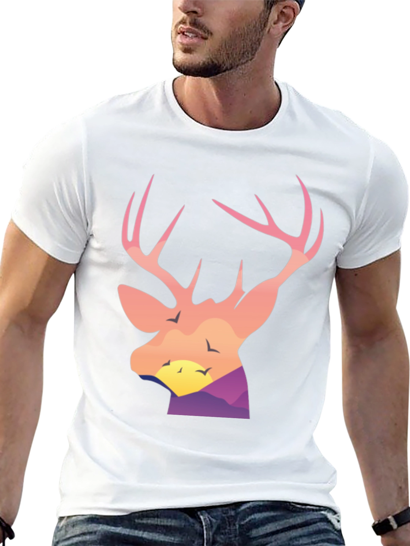Deer Head Sunset Graphic Tee - Black Cotton Blend Shirt