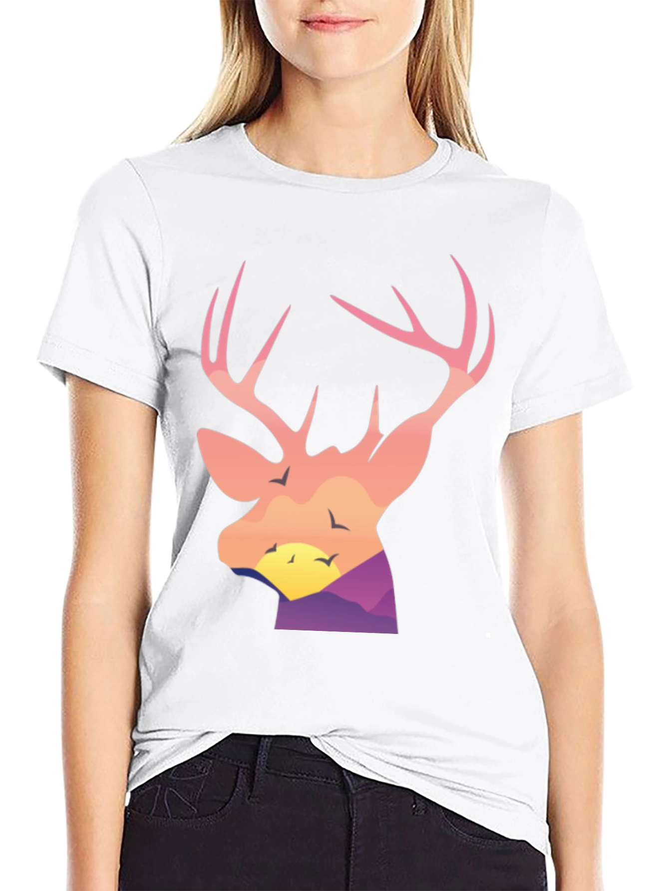 Deer Head Sunset Graphic Tee - Black Cotton Blend Shirt