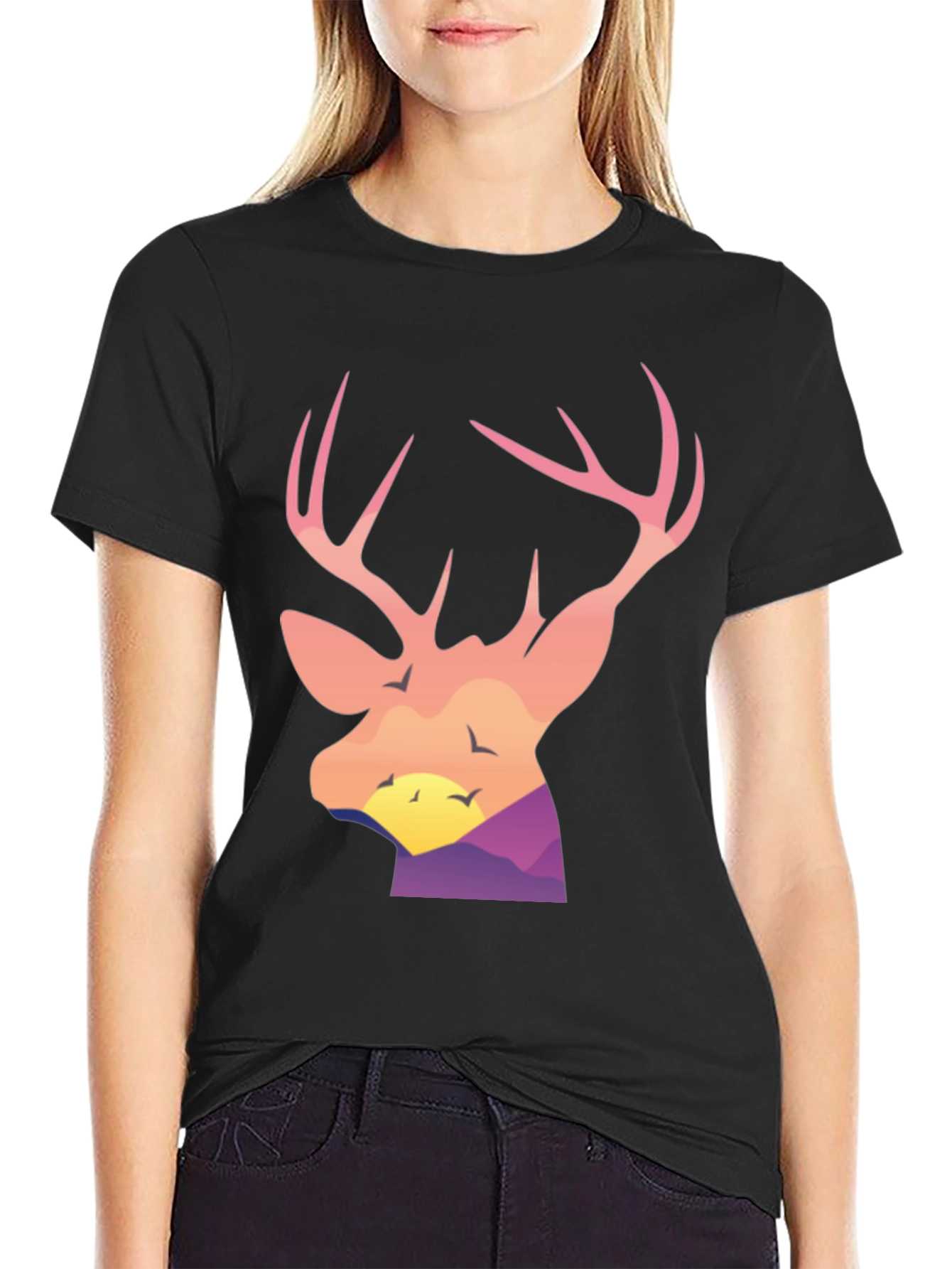 Deer Head Sunset Graphic Tee - Black Cotton Blend Shirt