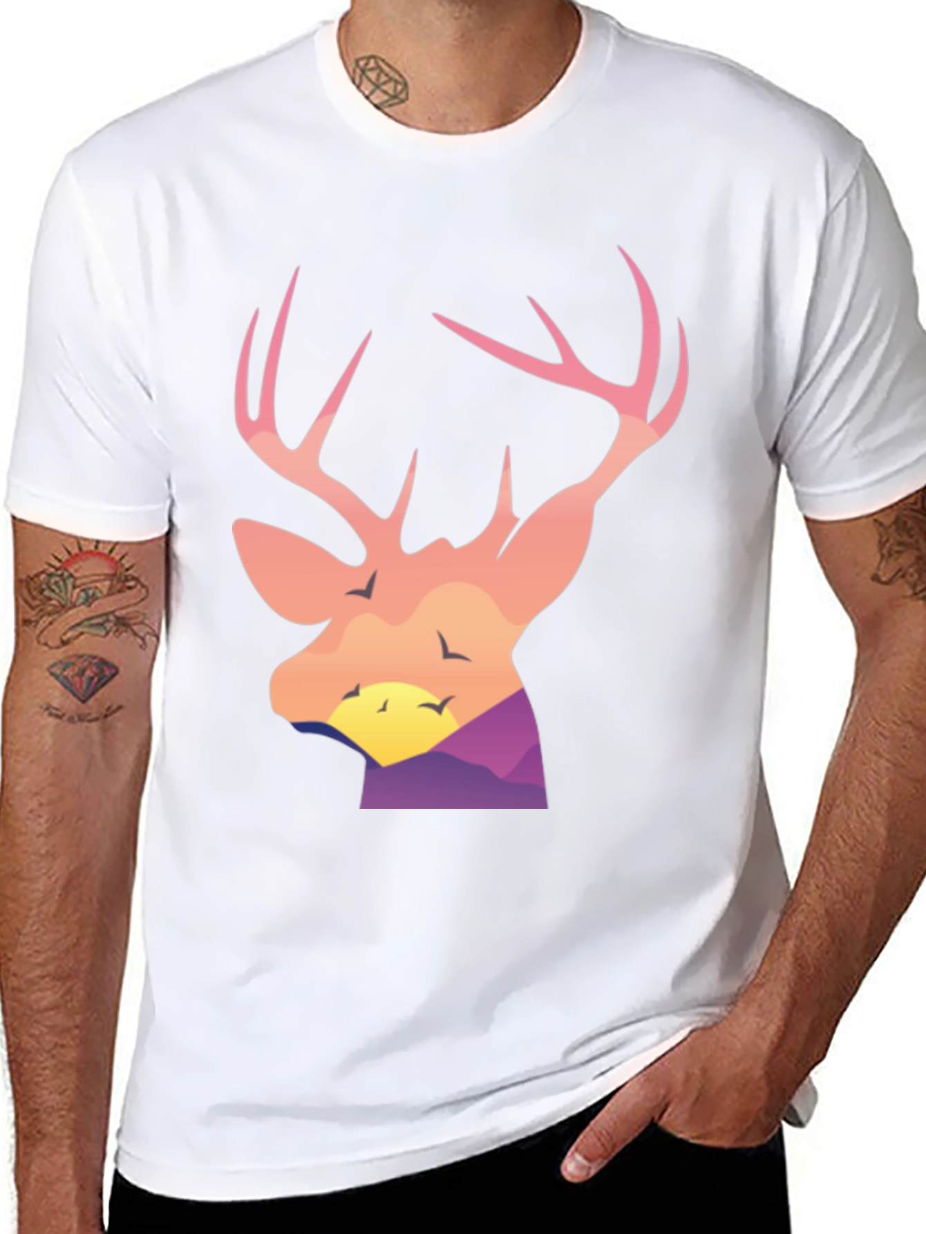 Deer Head Sunset Graphic Tee - Black Cotton Blend Shirt