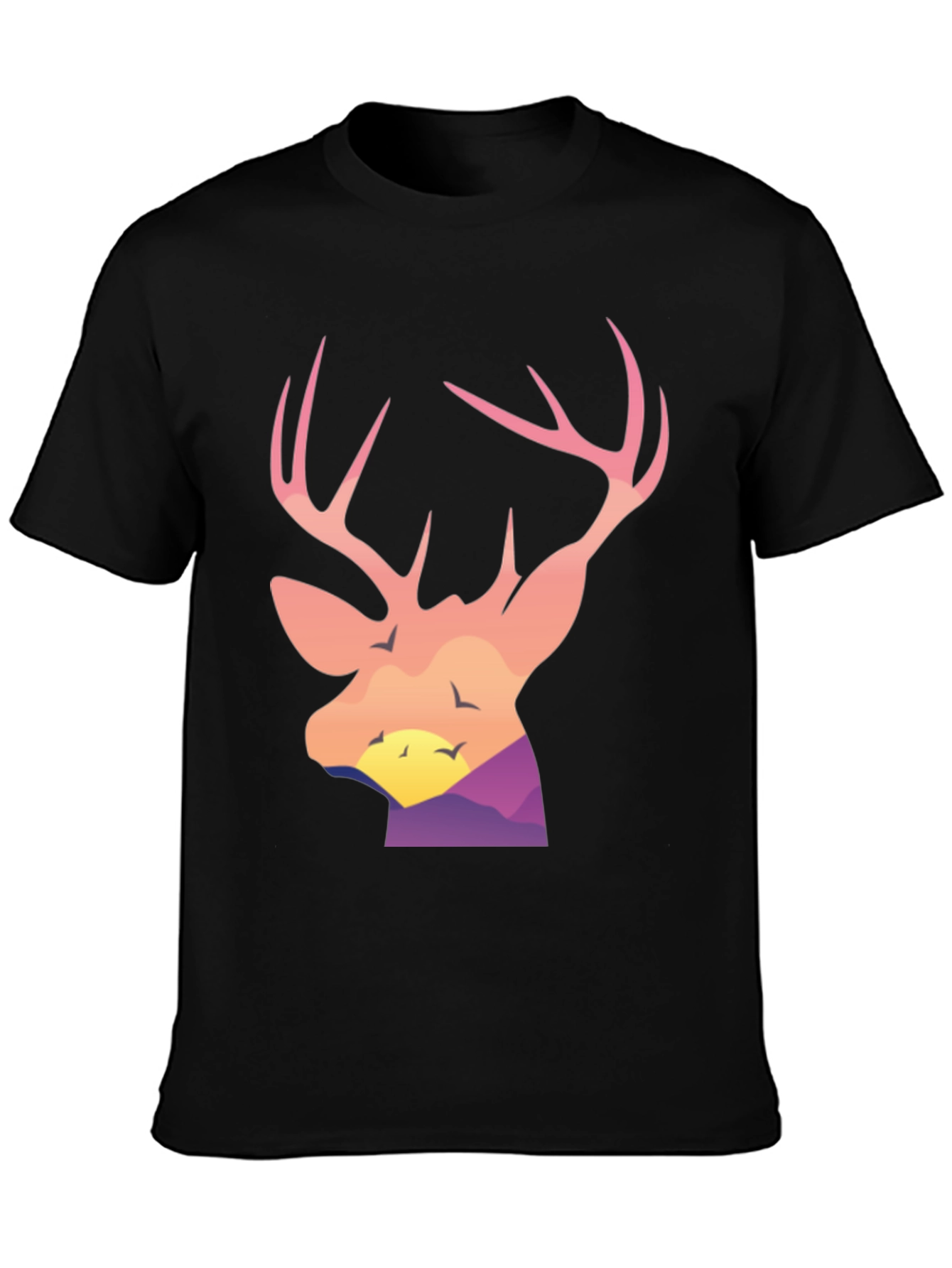 Deer Head Sunset Graphic Tee - Black Cotton Blend Shirt