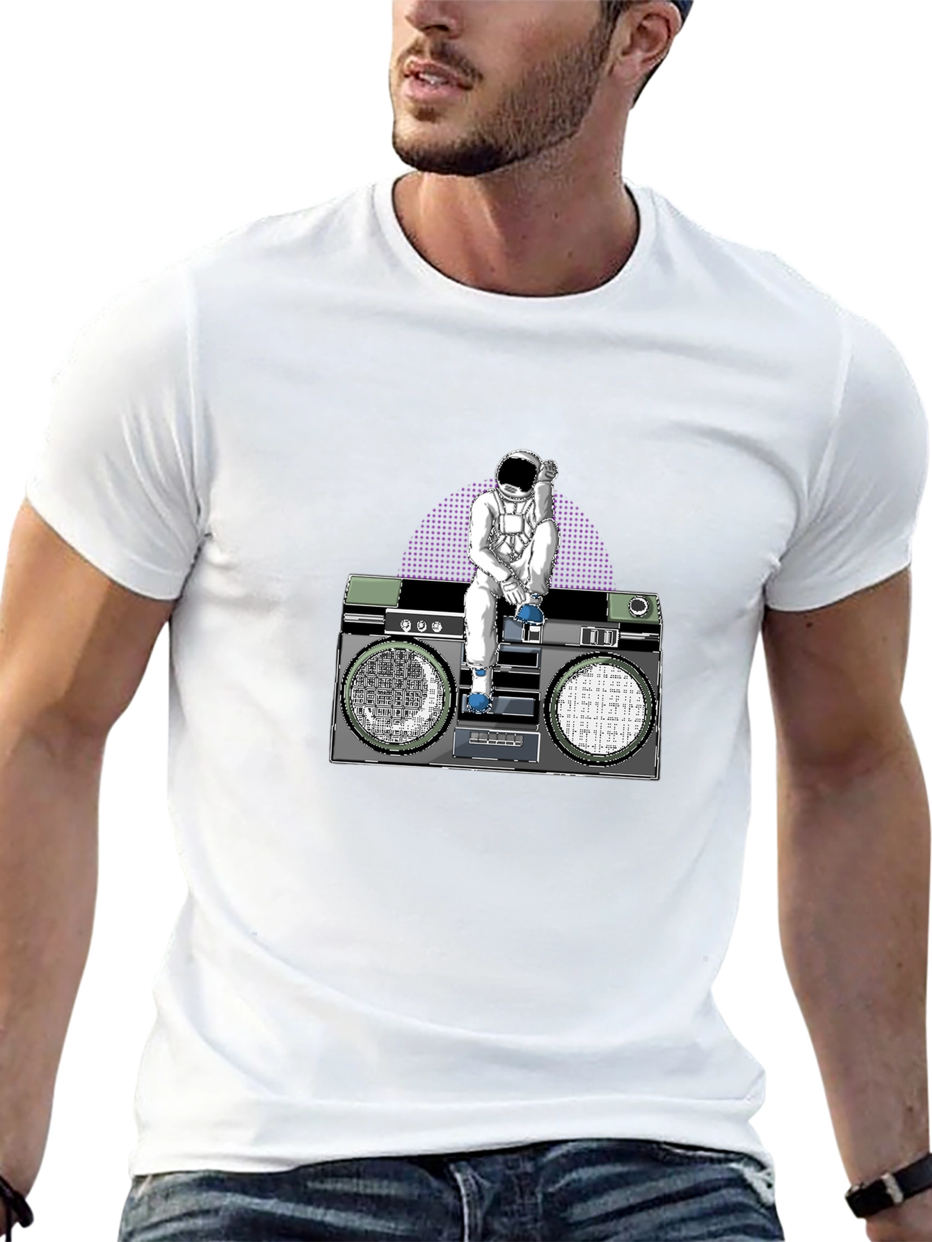 Astronaut Boombox Graphic T-Shirt - Retro Space Design