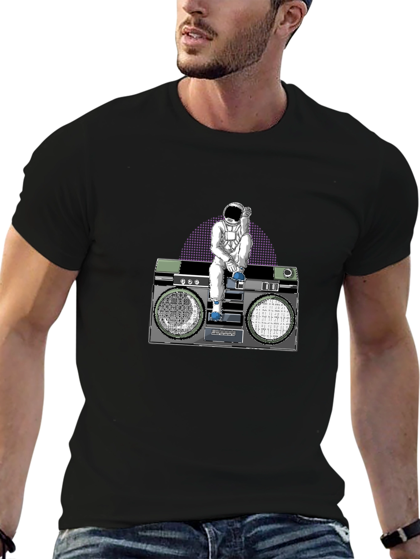 Astronaut Boombox Graphic T-Shirt - Retro Space Design