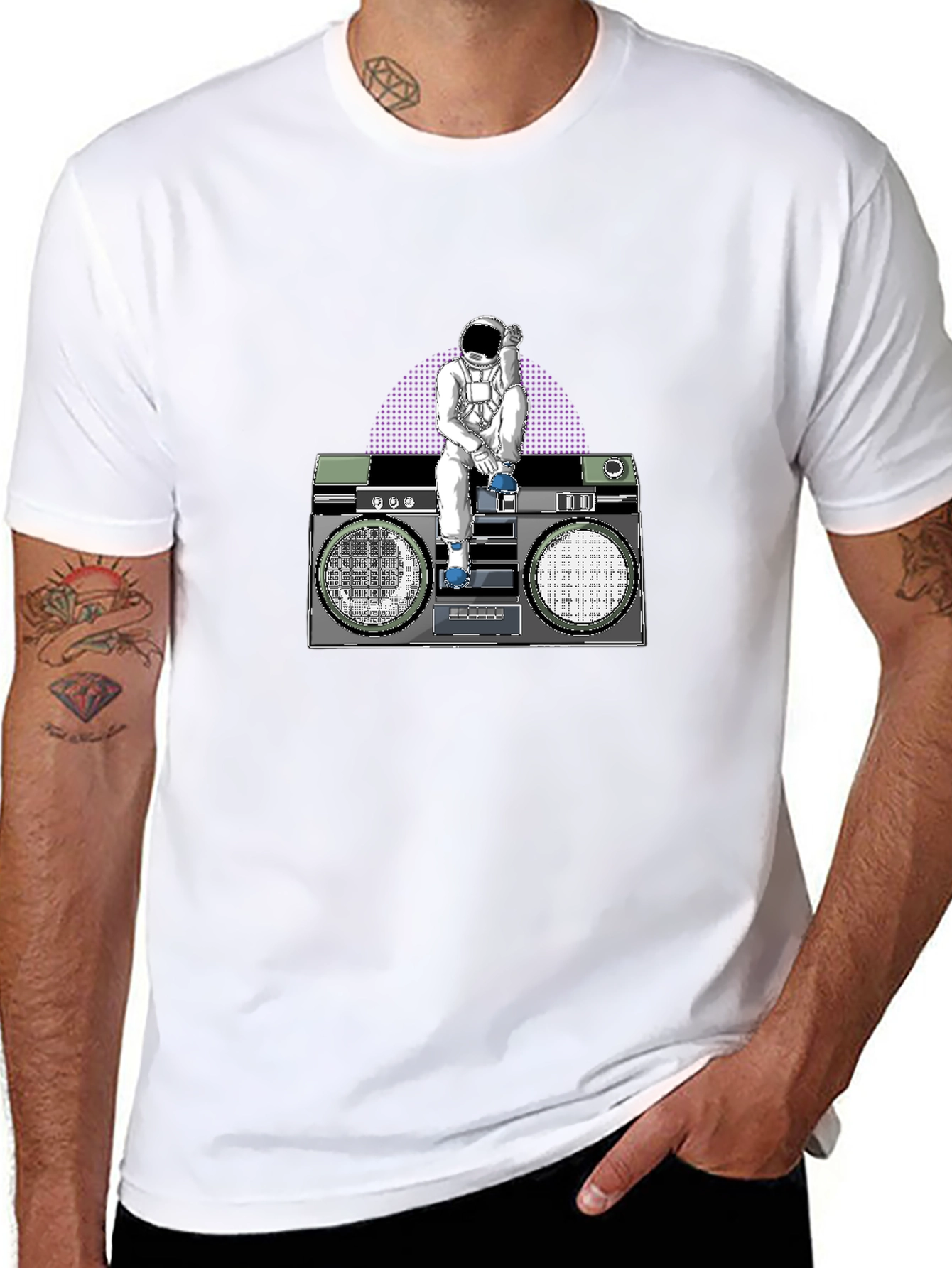 Astronaut Boombox Graphic T-Shirt - Retro Space Design
