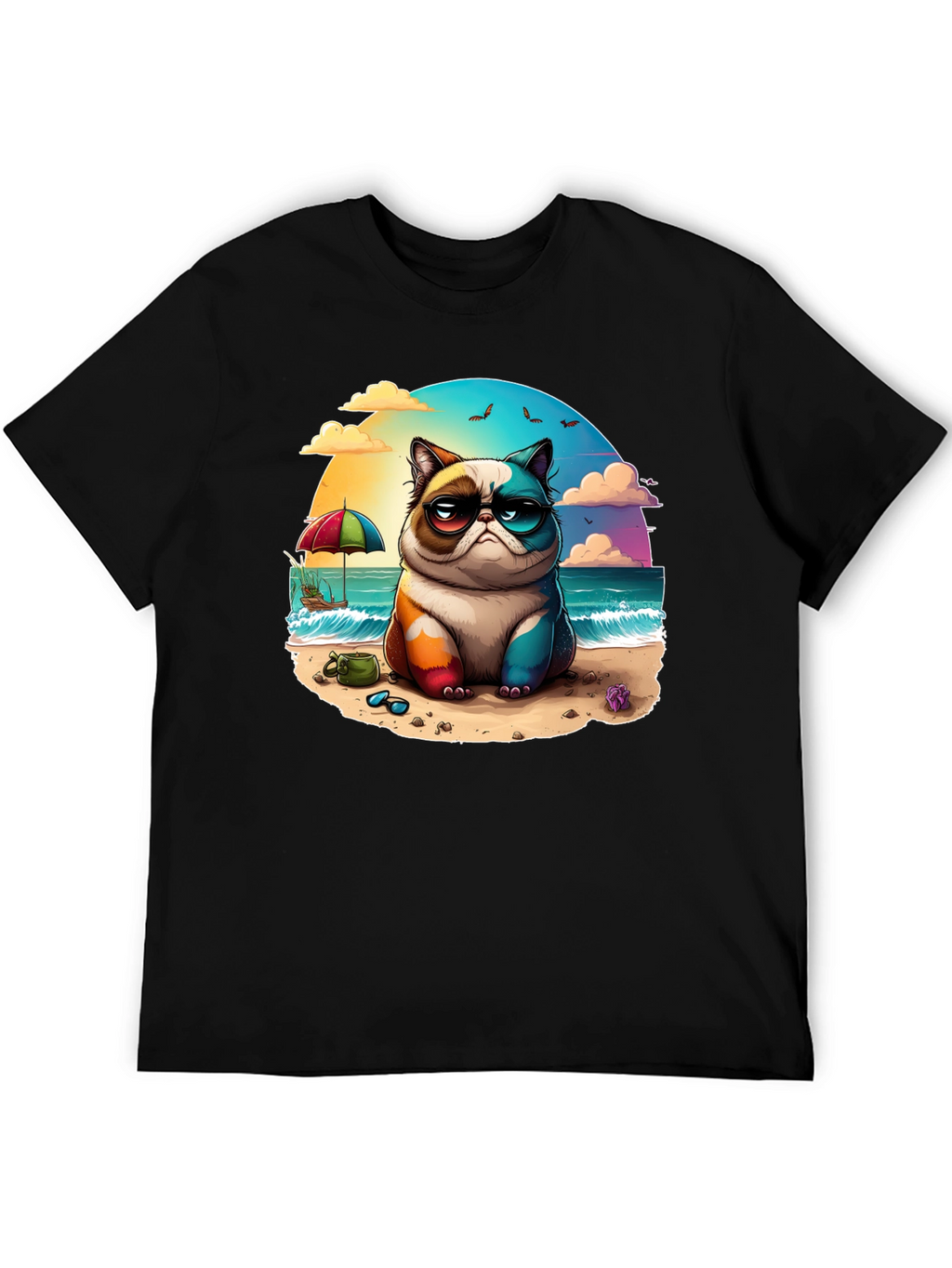 Grumpy Beach Cat Graphic Tee - Unisex Black T-Shirt
