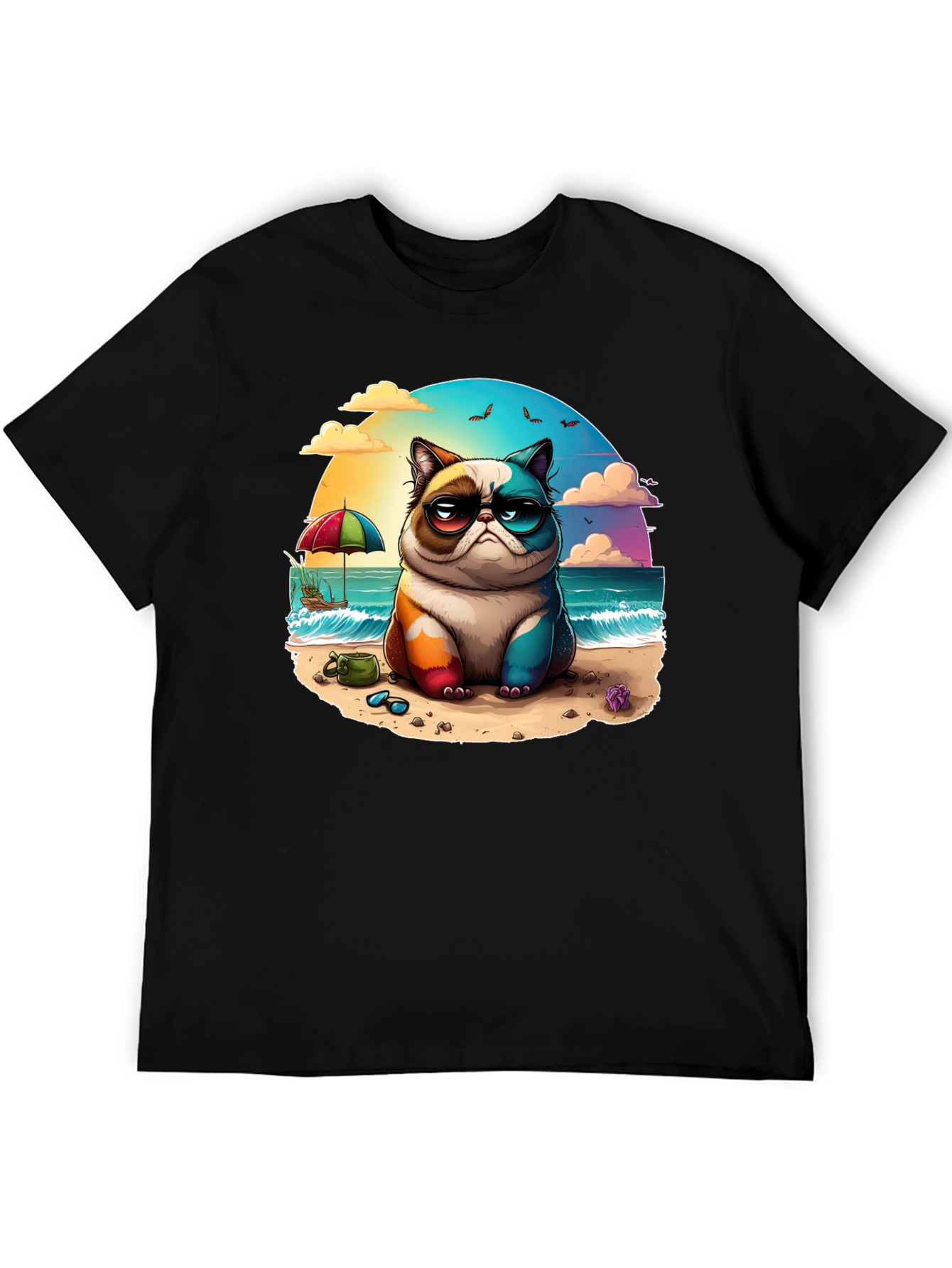 Grumpy Beach Cat Graphic Tee - Unisex Black T-Shirt