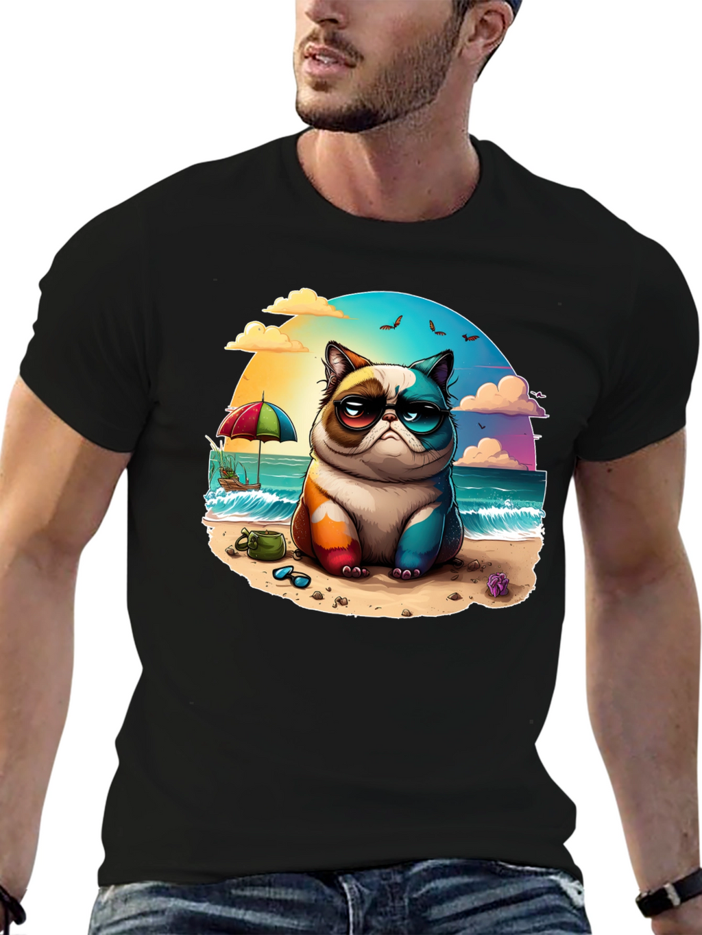 Grumpy Beach Cat Graphic Tee - Unisex Black T-Shirt