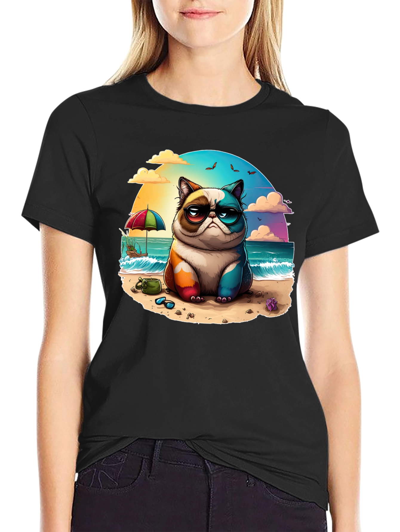 Grumpy Beach Cat Graphic Tee - Unisex Black T-Shirt