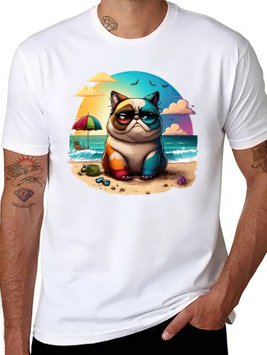 Grumpy Beach Cat Graphic Tee - Unisex Black T-Shirt