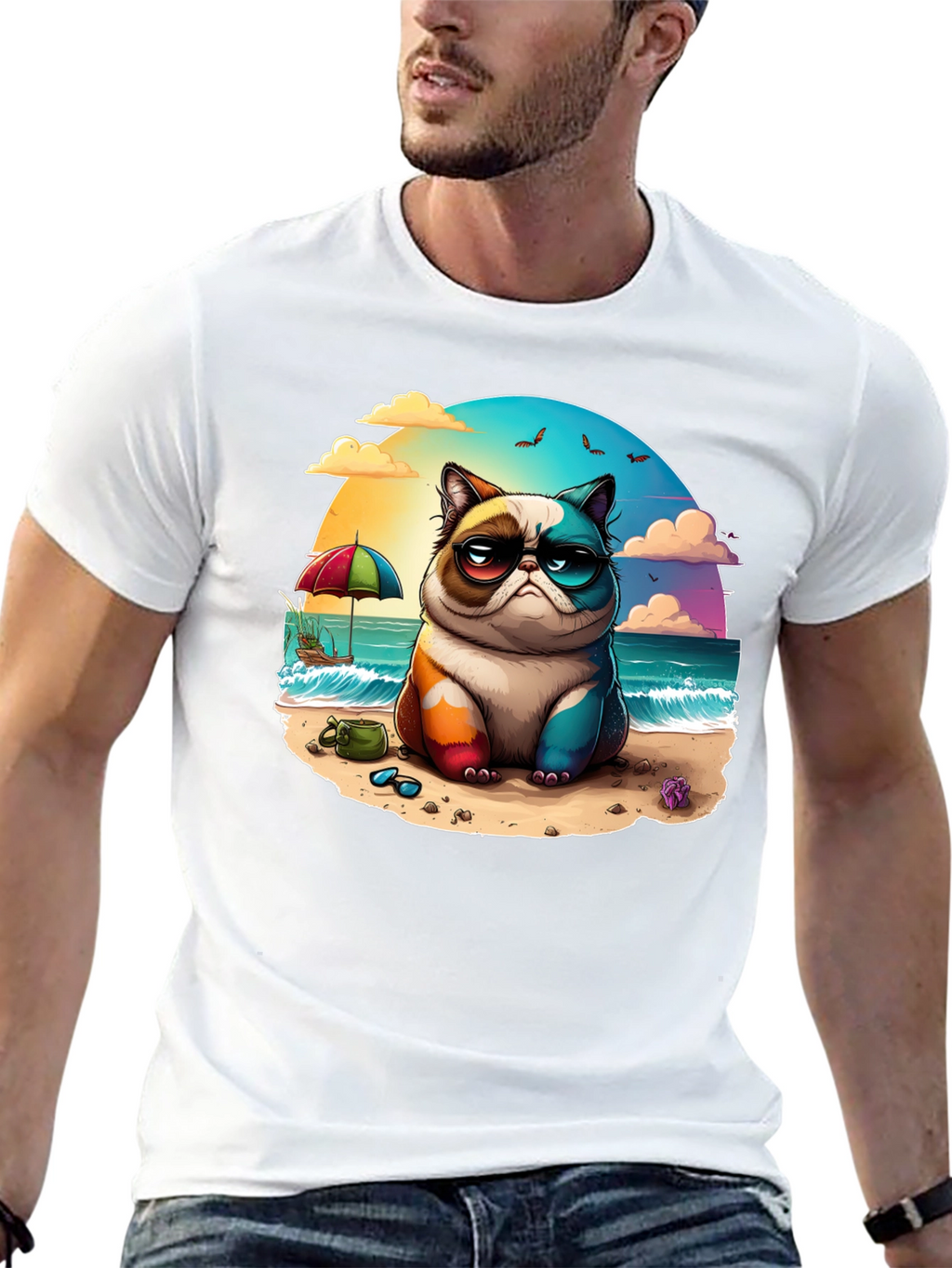Grumpy Beach Cat Graphic Tee - Unisex Black T-Shirt