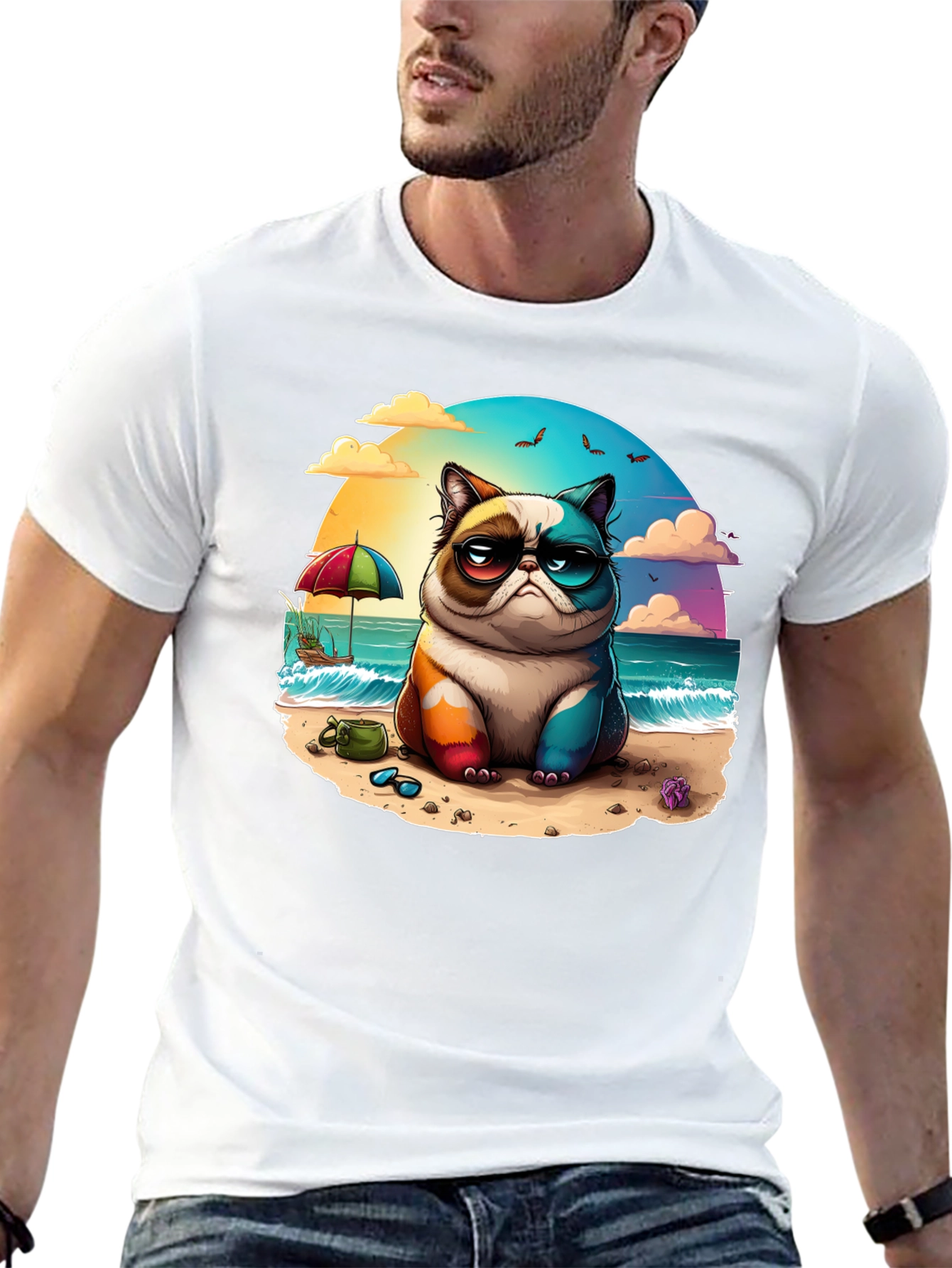 Grumpy Beach Cat Graphic Tee - Unisex Black T-Shirt