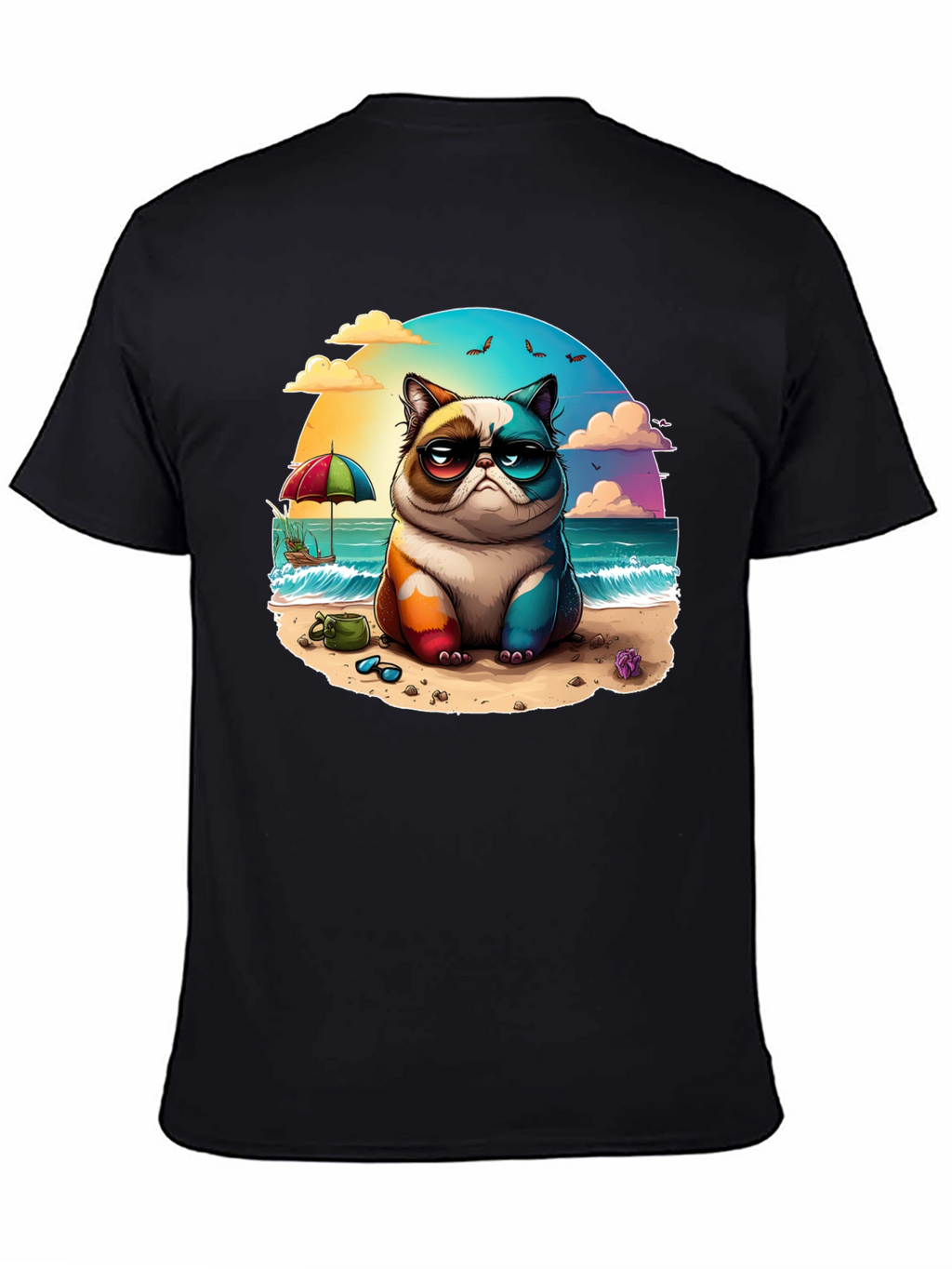 Grumpy Beach Cat Graphic Tee - Unisex Black T-Shirt