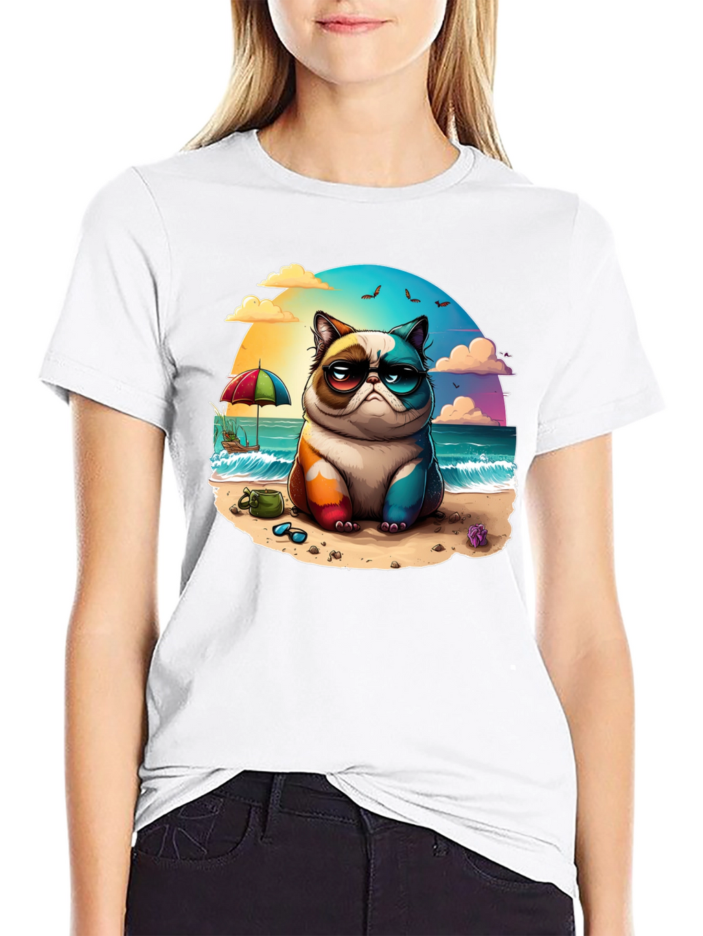 Grumpy Beach Cat Graphic Tee - Unisex Black T-Shirt