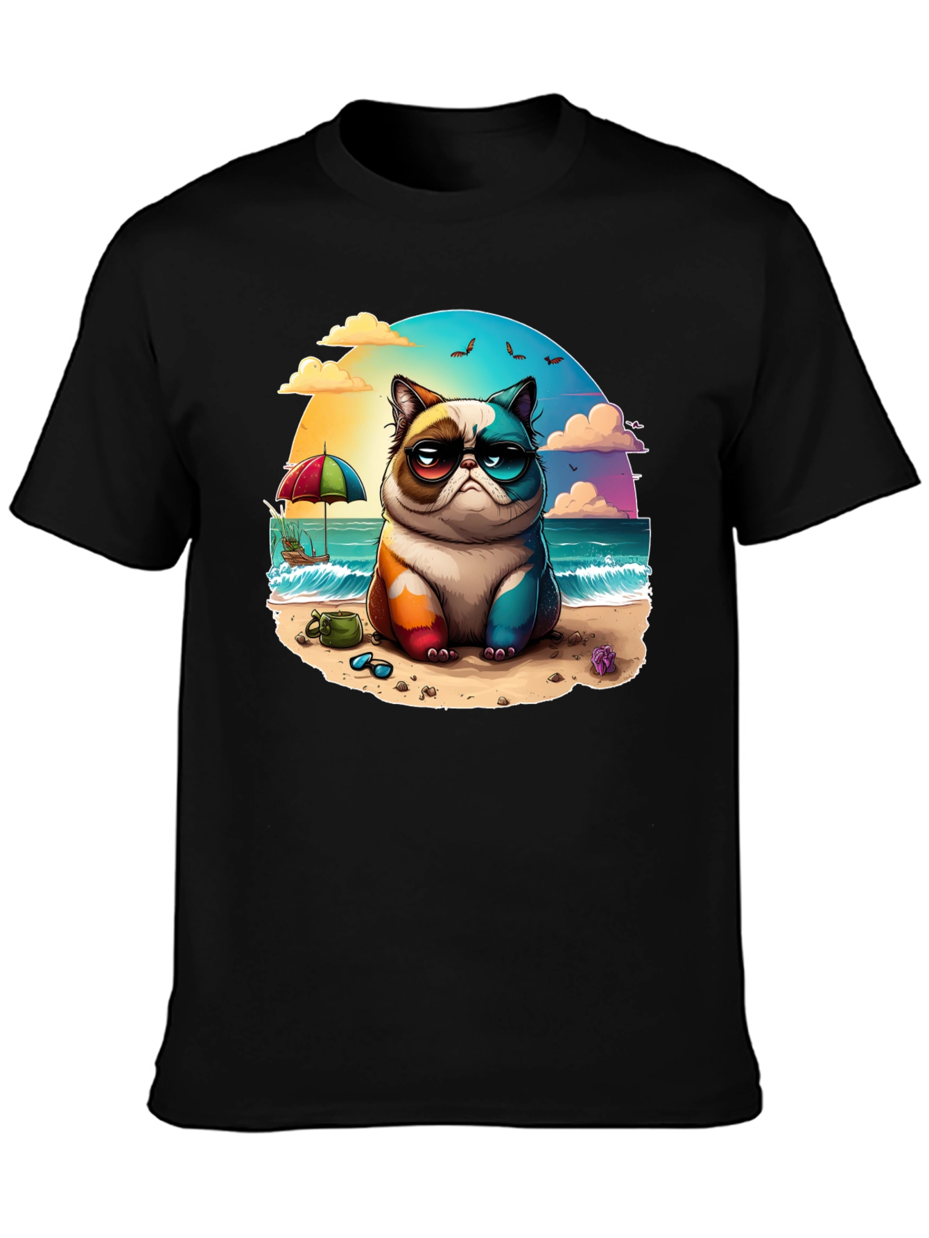 Grumpy Beach Cat Graphic Tee - Unisex Black T-Shirt