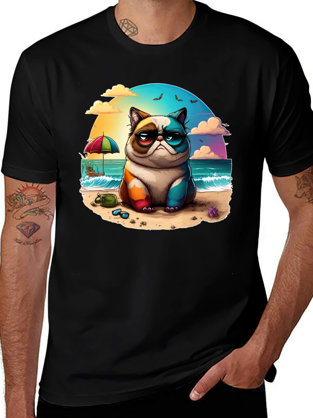 Grumpy Beach Cat Graphic Tee - Unisex Black T-Shirt