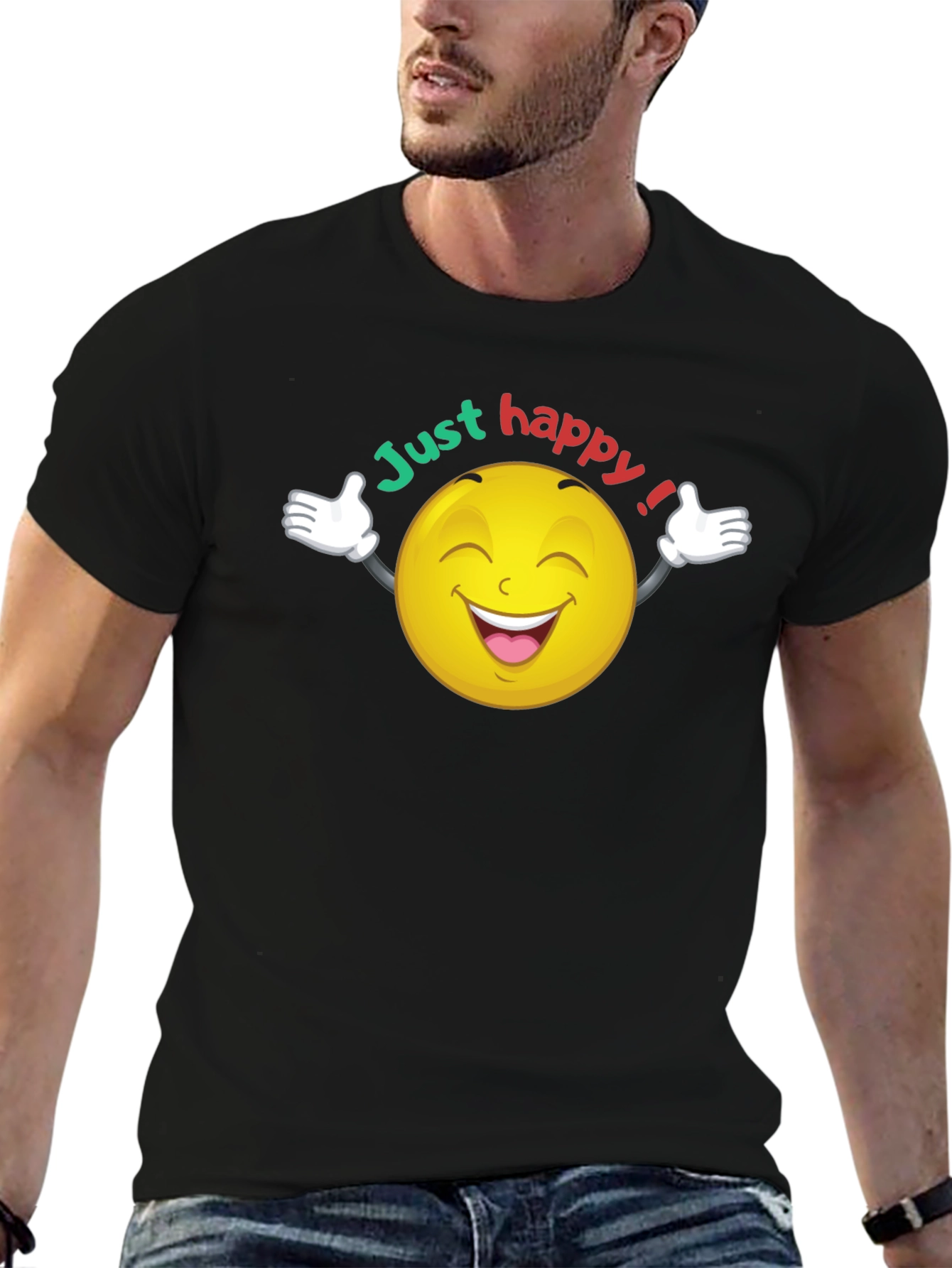 Just Happy Smiley Face Graphic Black T-Shirt