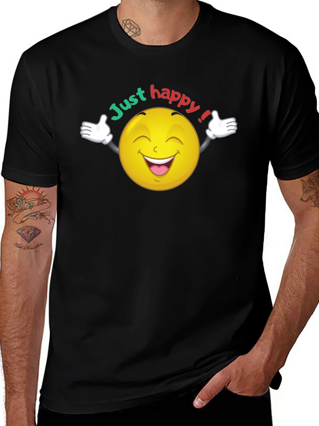 Just Happy Smiley Face Graphic Black T-Shirt