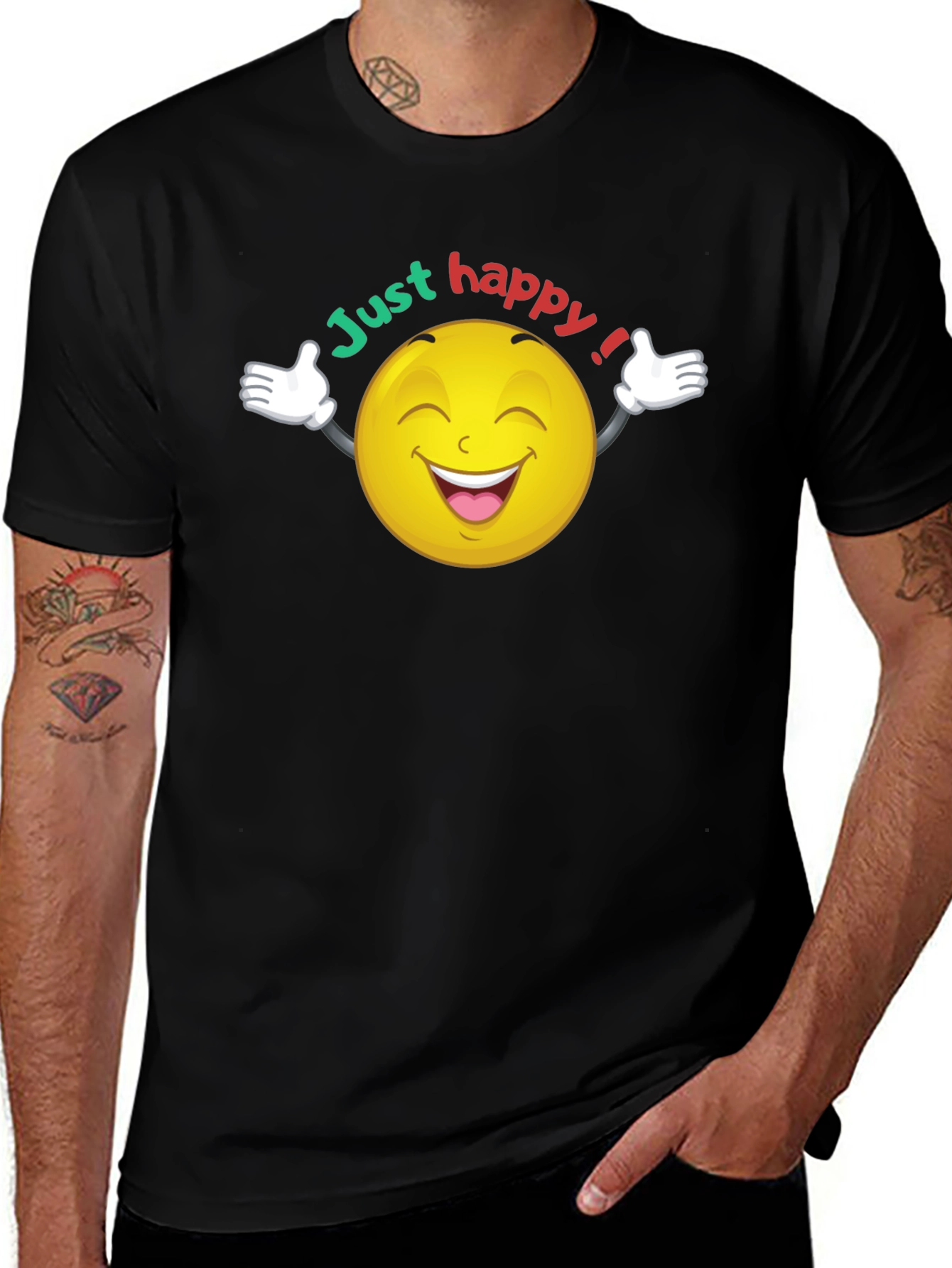 Just Happy Smiley Face Graphic Black T-Shirt