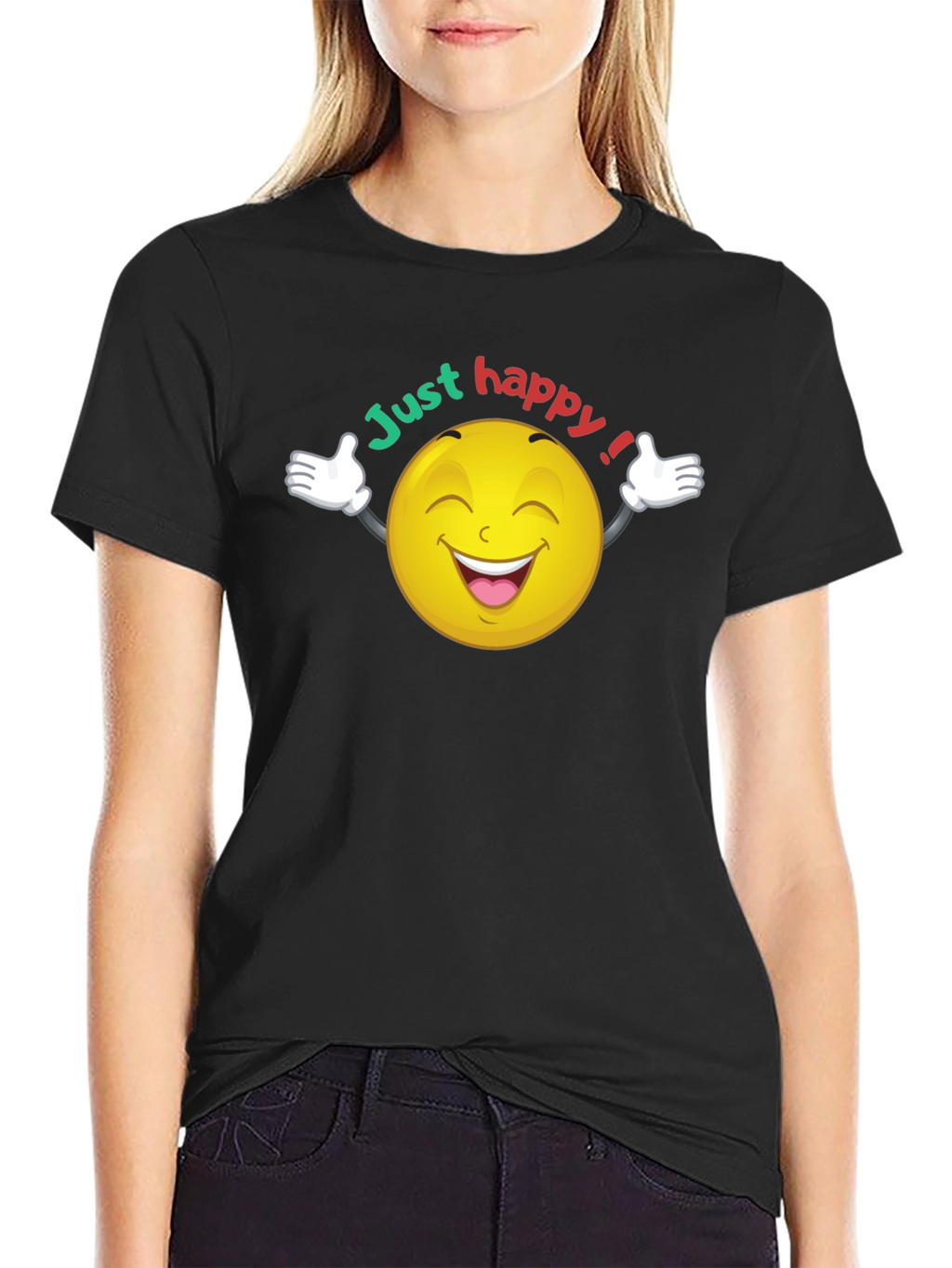 Just Happy Smiley Face Graphic Black T-Shirt