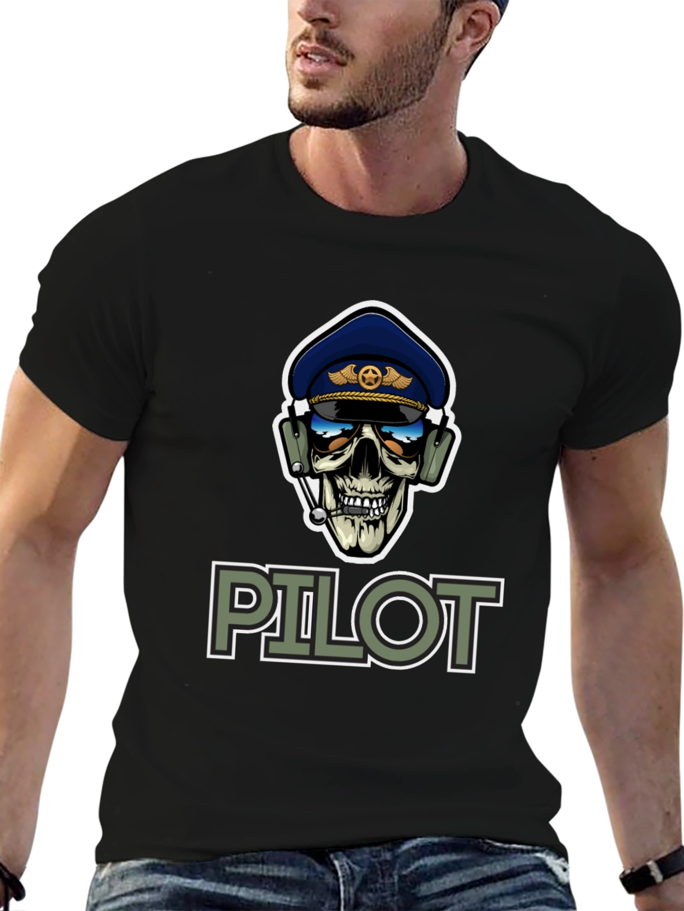 Pilot Skull Graphic T-Shirt - Aviation Style Tee