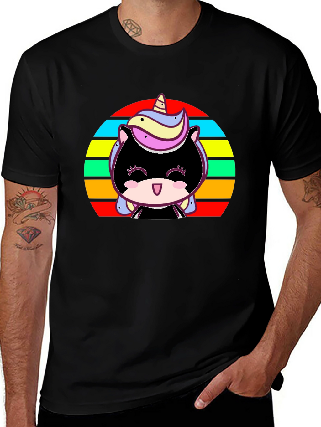 Cute Unicorn Sunset Graphic Black T-Shirt