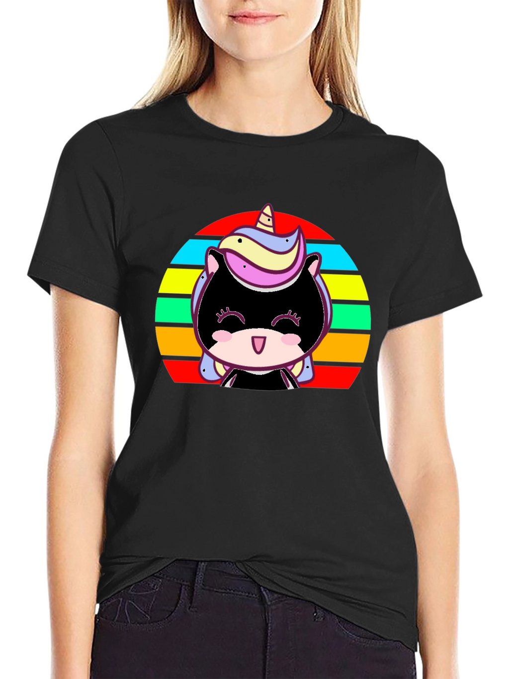 Cute Unicorn Sunset Graphic Black T-Shirt