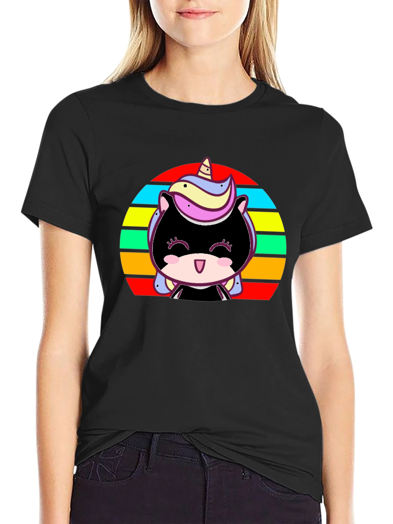 Cute Unicorn Sunset Graphic Black T-Shirt
