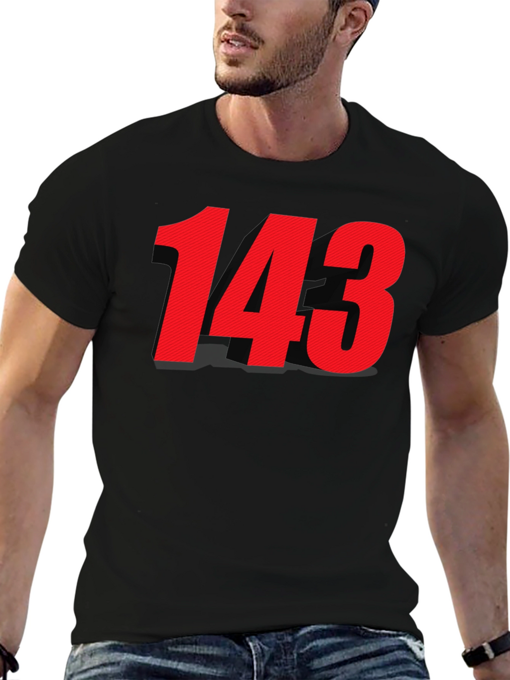 Black T-shirt with Bold Red 143 Design