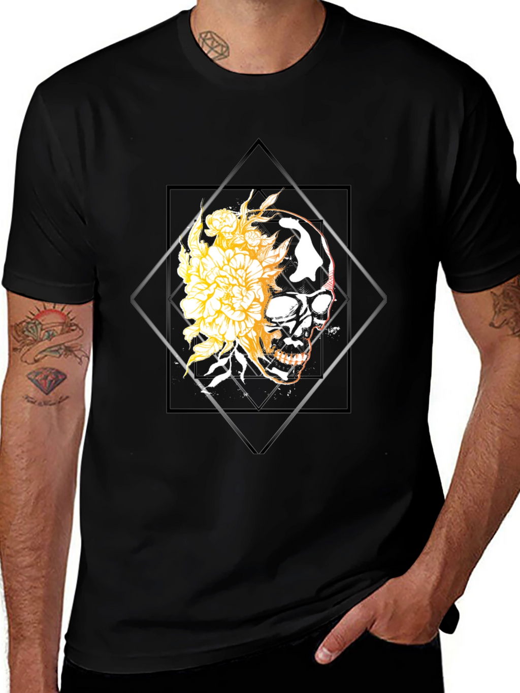 Skull & Floral Graphic Tee - Black