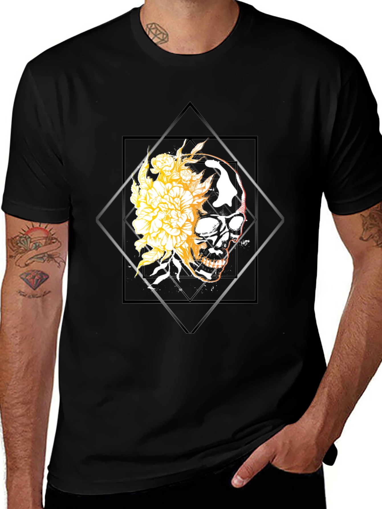 Skull & Floral Graphic Tee - Black