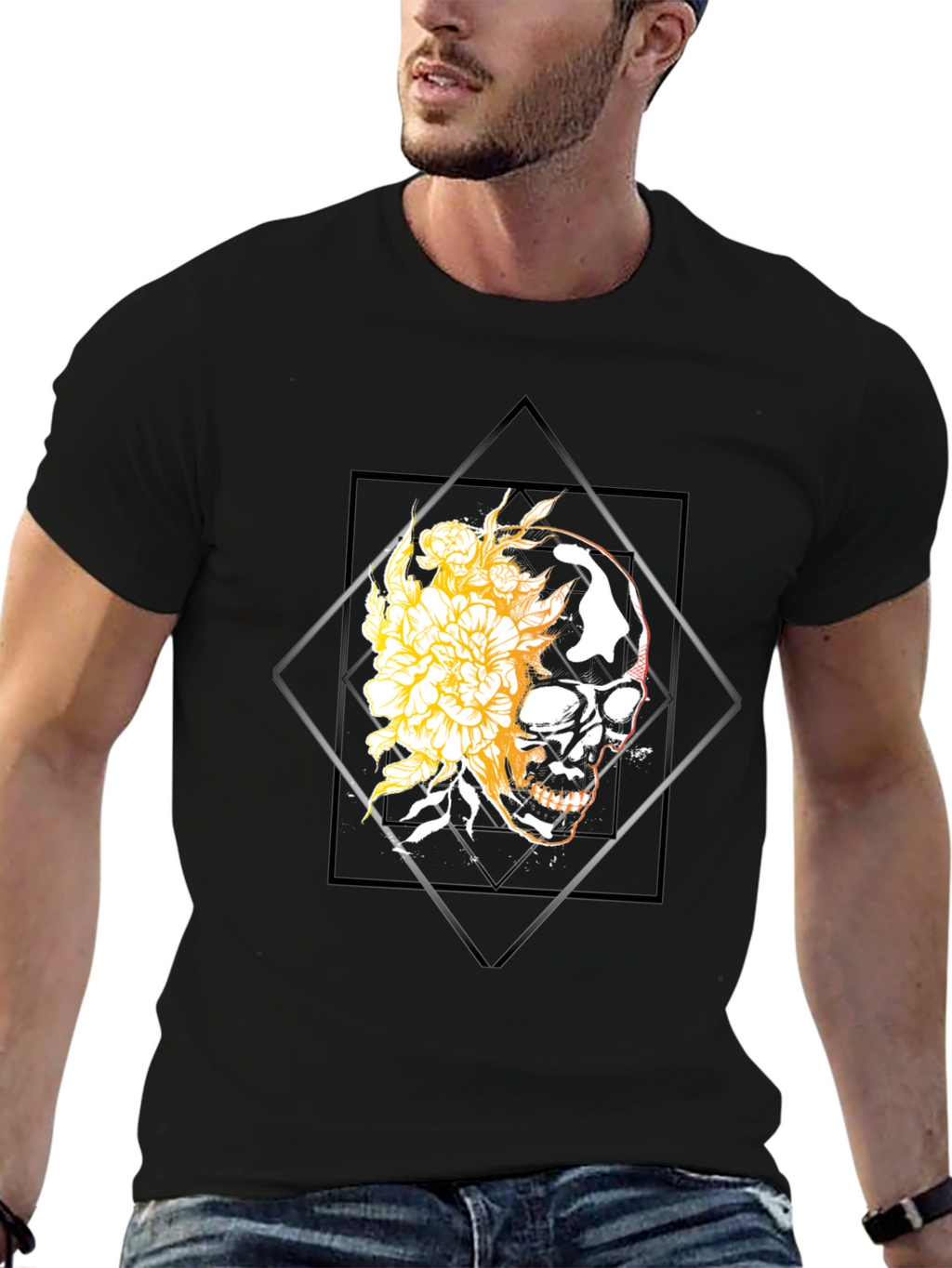 Skull & Floral Graphic Tee - Black