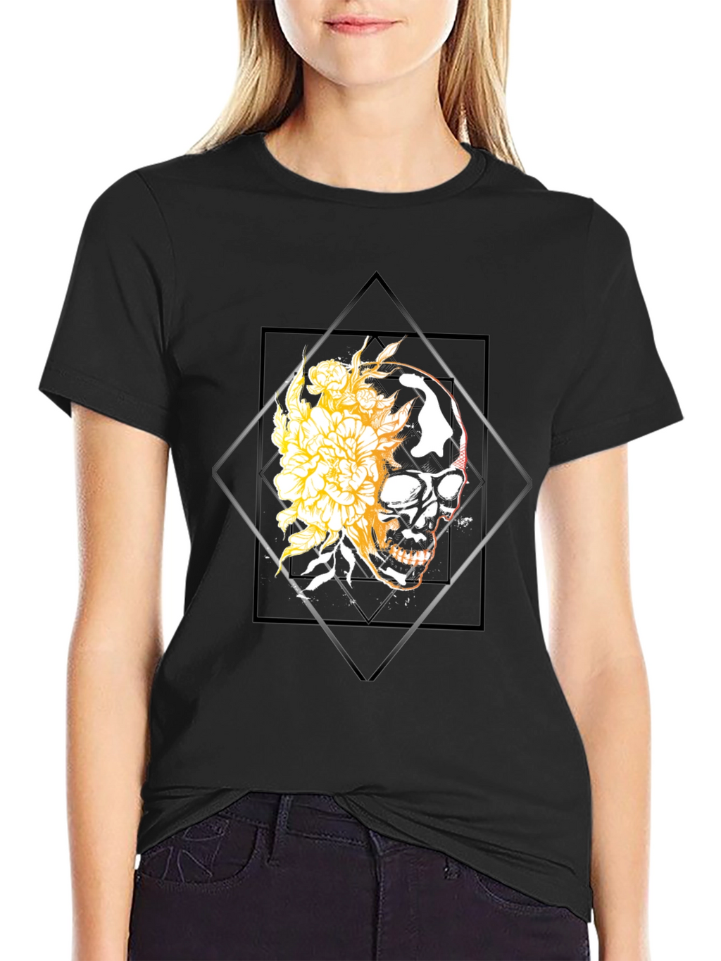 Skull & Floral Graphic Tee - Black