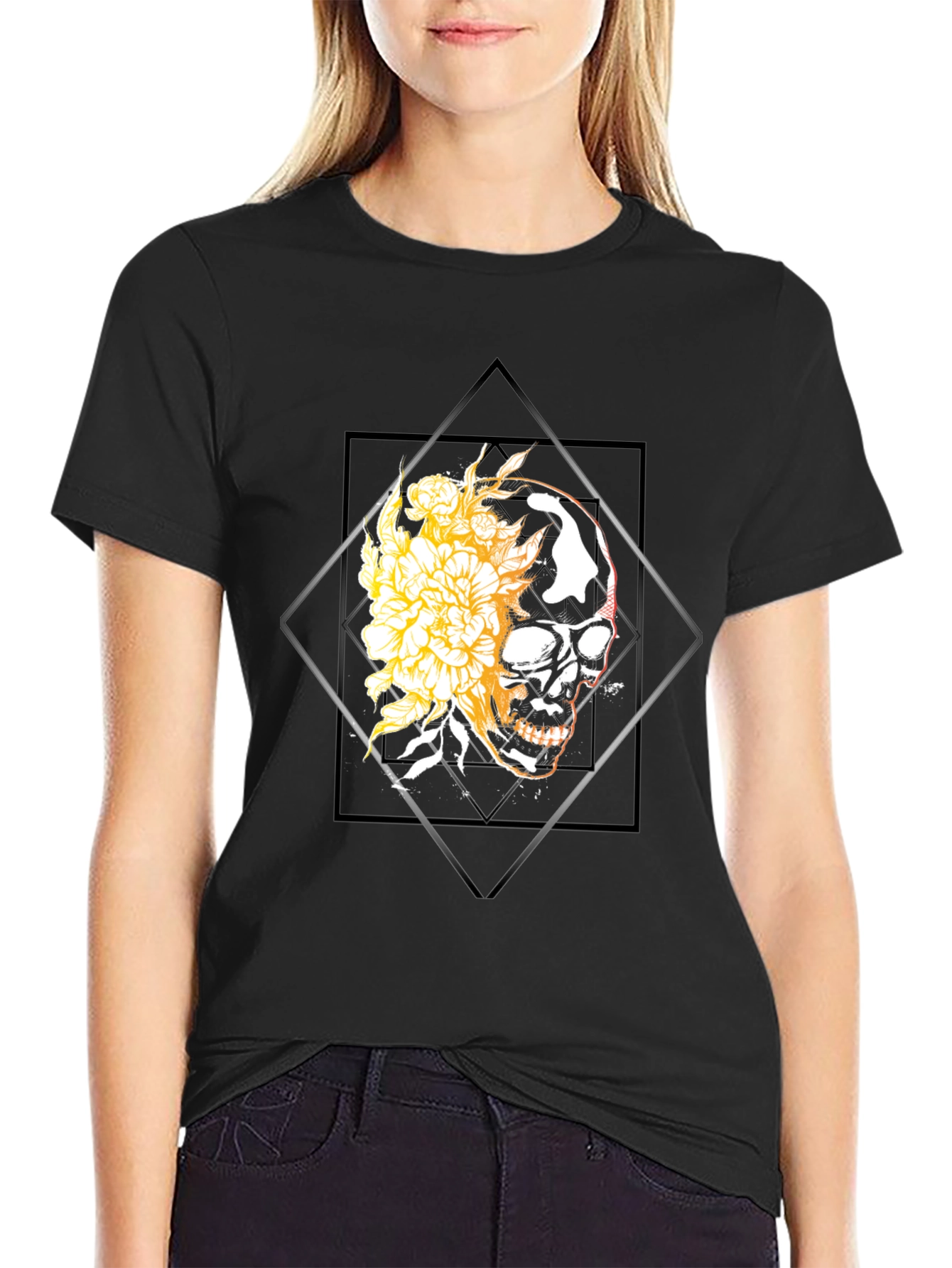 Skull & Floral Graphic Tee - Black