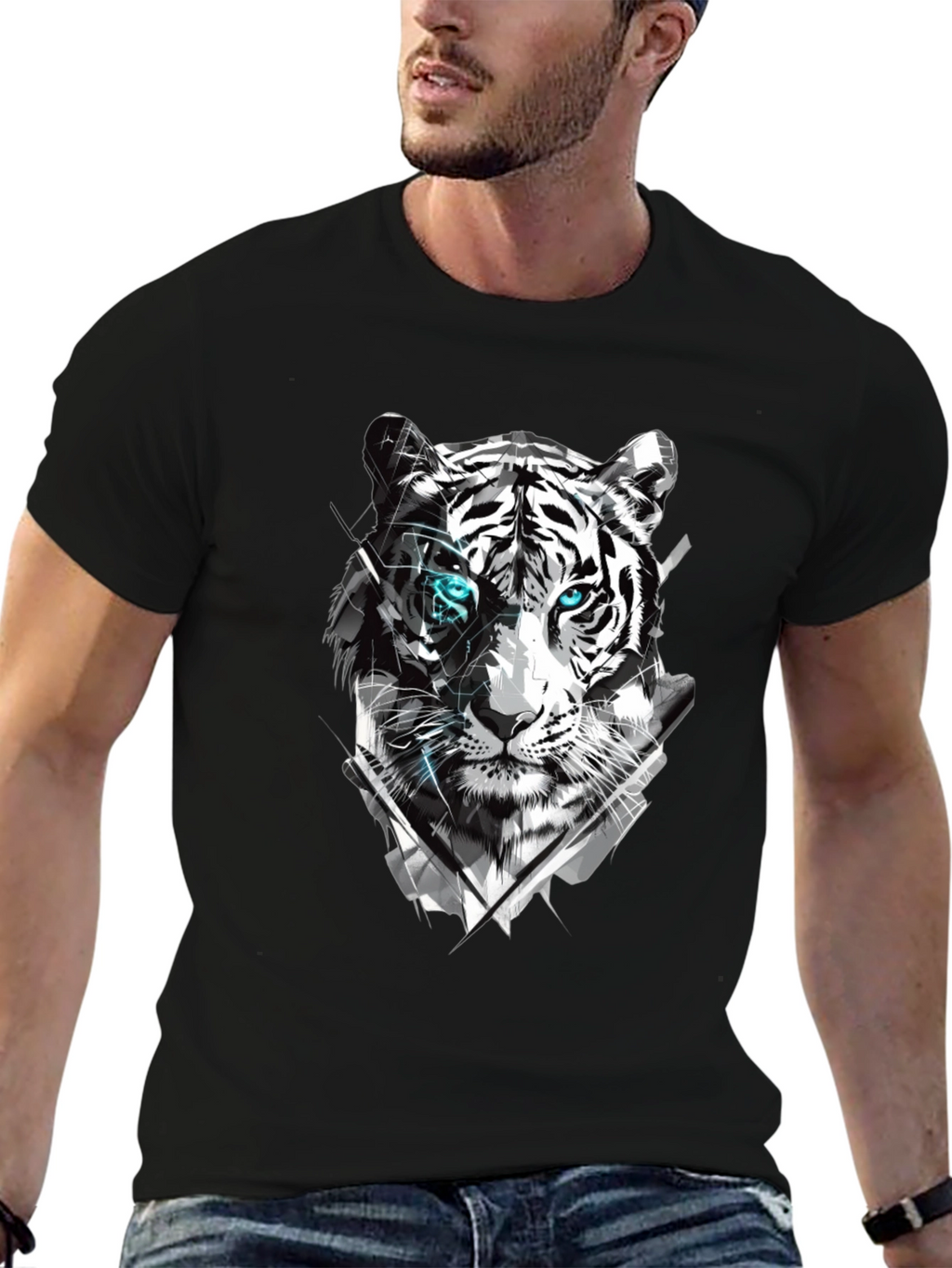Tiger Graphic Tee - Cool Design Mens Black T-Shirt