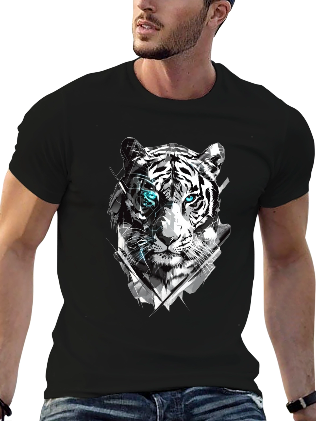 Tiger Graphic Tee - Cool Design Mens Black T-Shirt