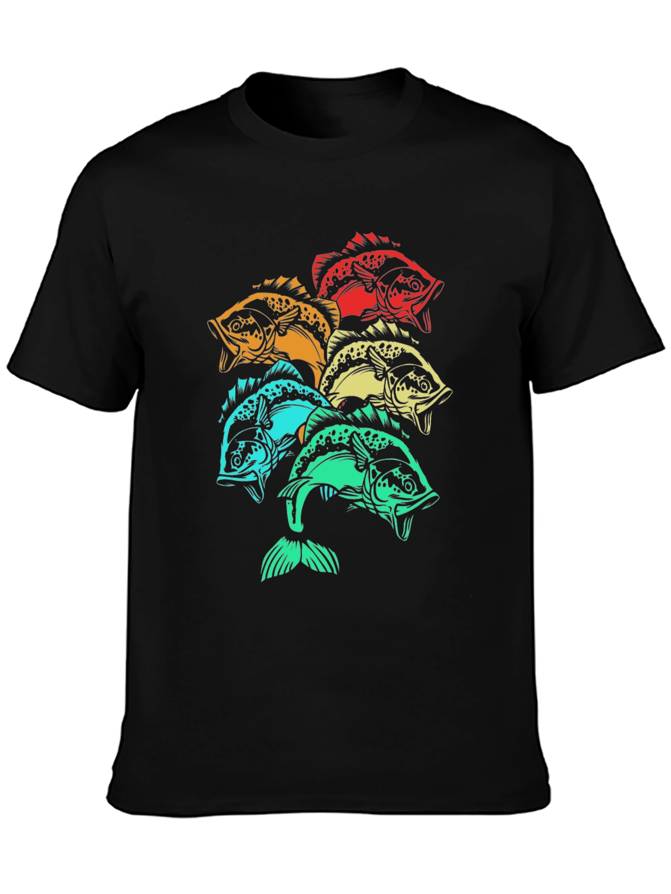 Colorful Fish Graphic Tee - Black Cotton T-Shirt