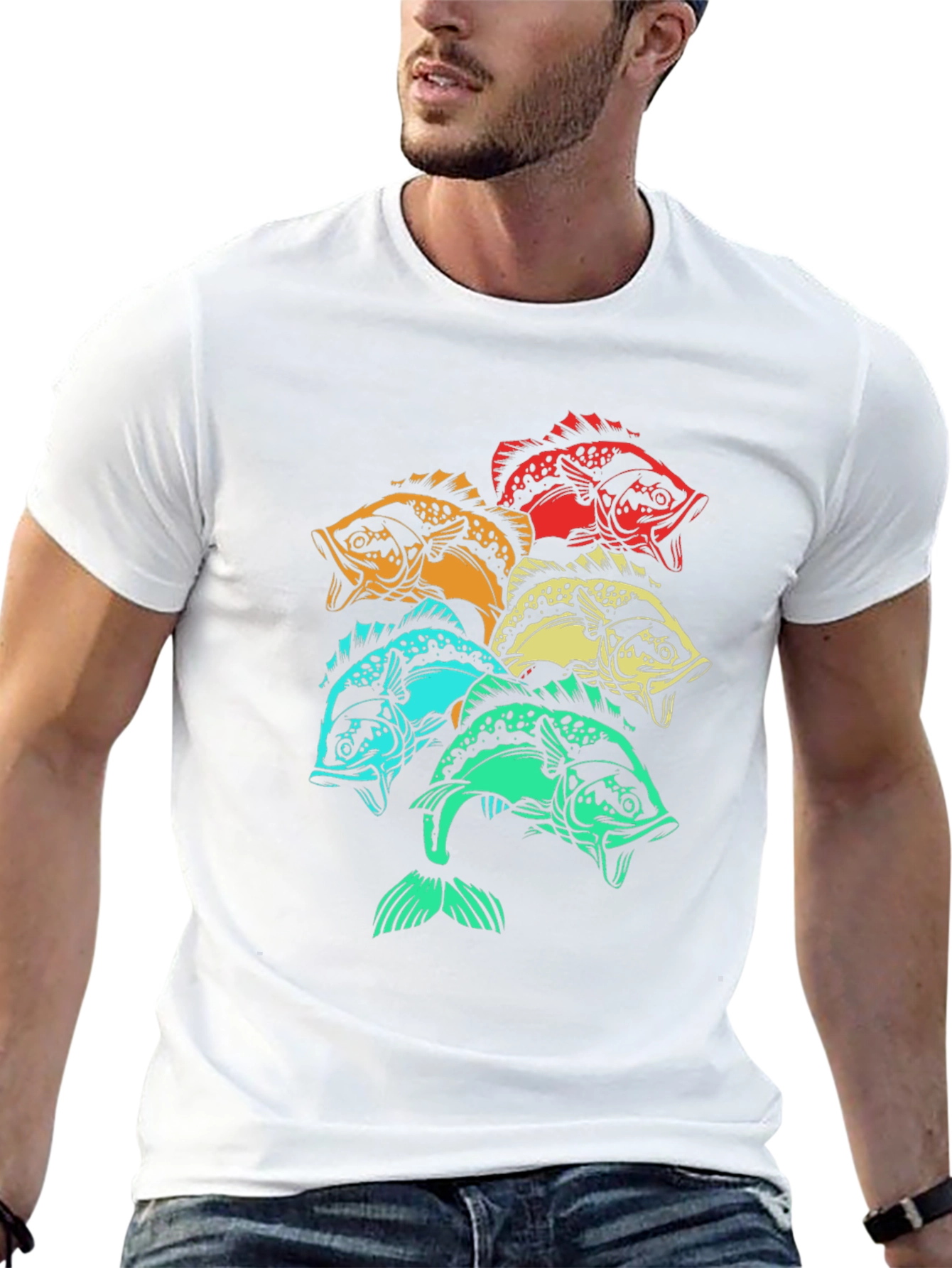 Colorful Fish Graphic Tee - Black Cotton T-Shirt